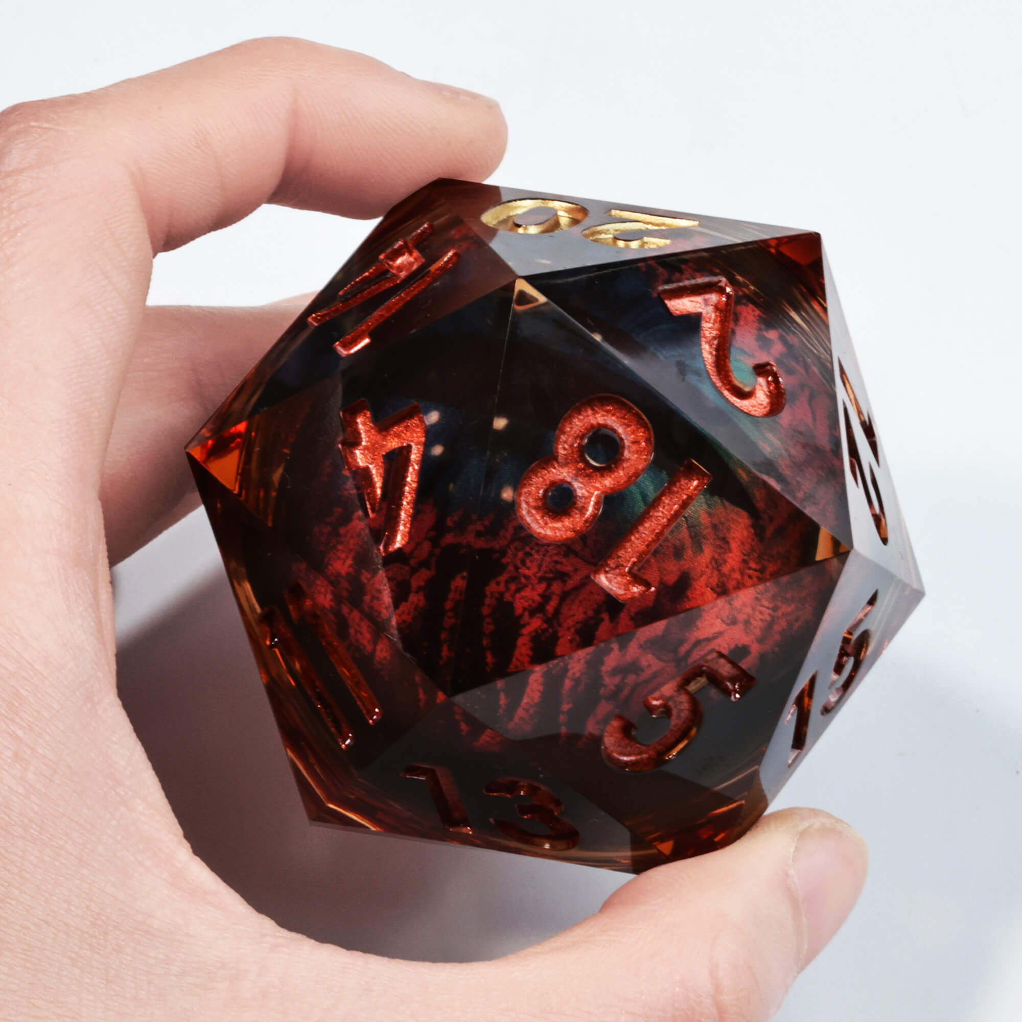 50mm Sharp Edge Polyhedral Orange Dragon Eye Large 20 Sided DnD Dice - Dice of Dragons