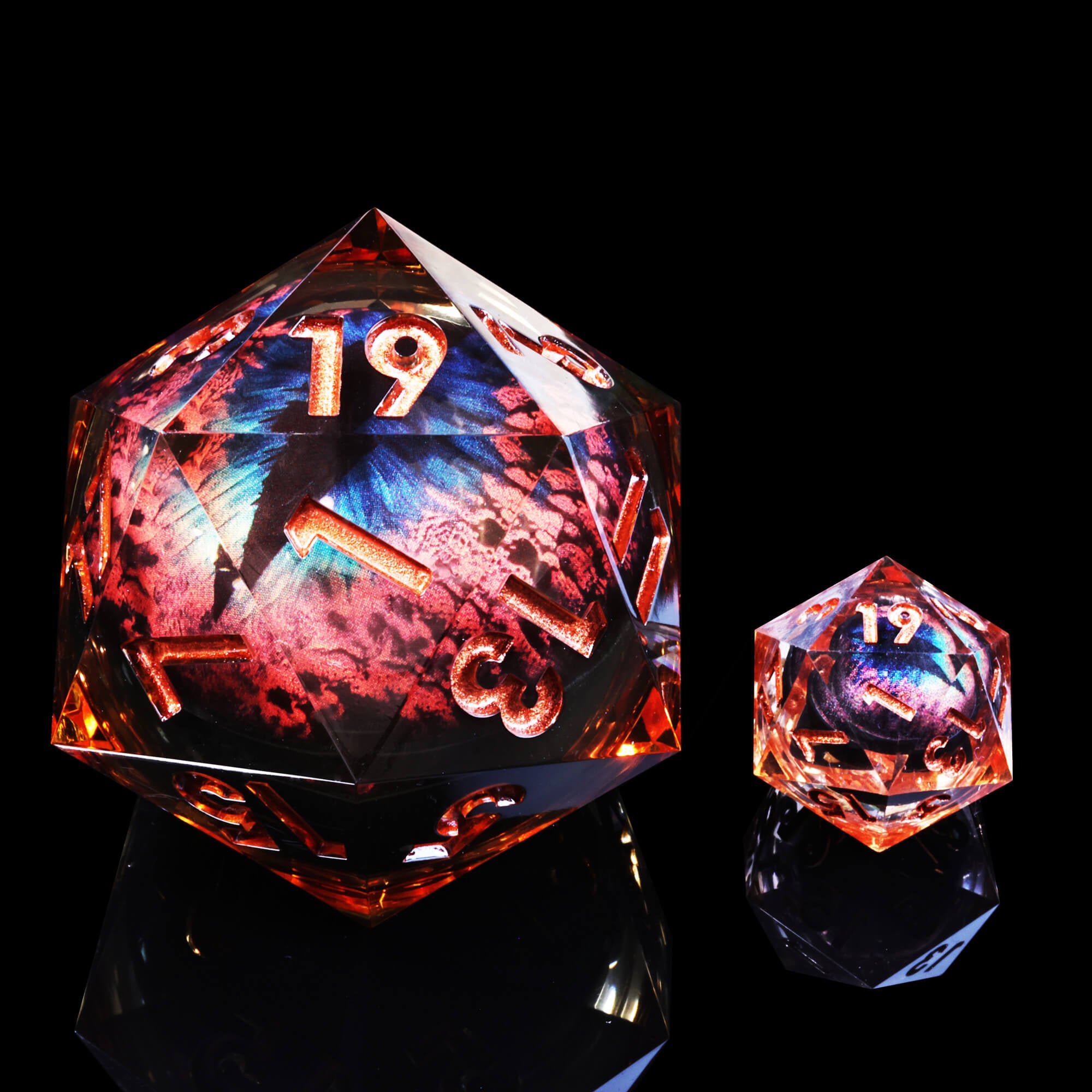 50mm Sharp Edge Polyhedral Orange Dragon Eye Large 20 Sided DnD Dice - Dice of Dragons