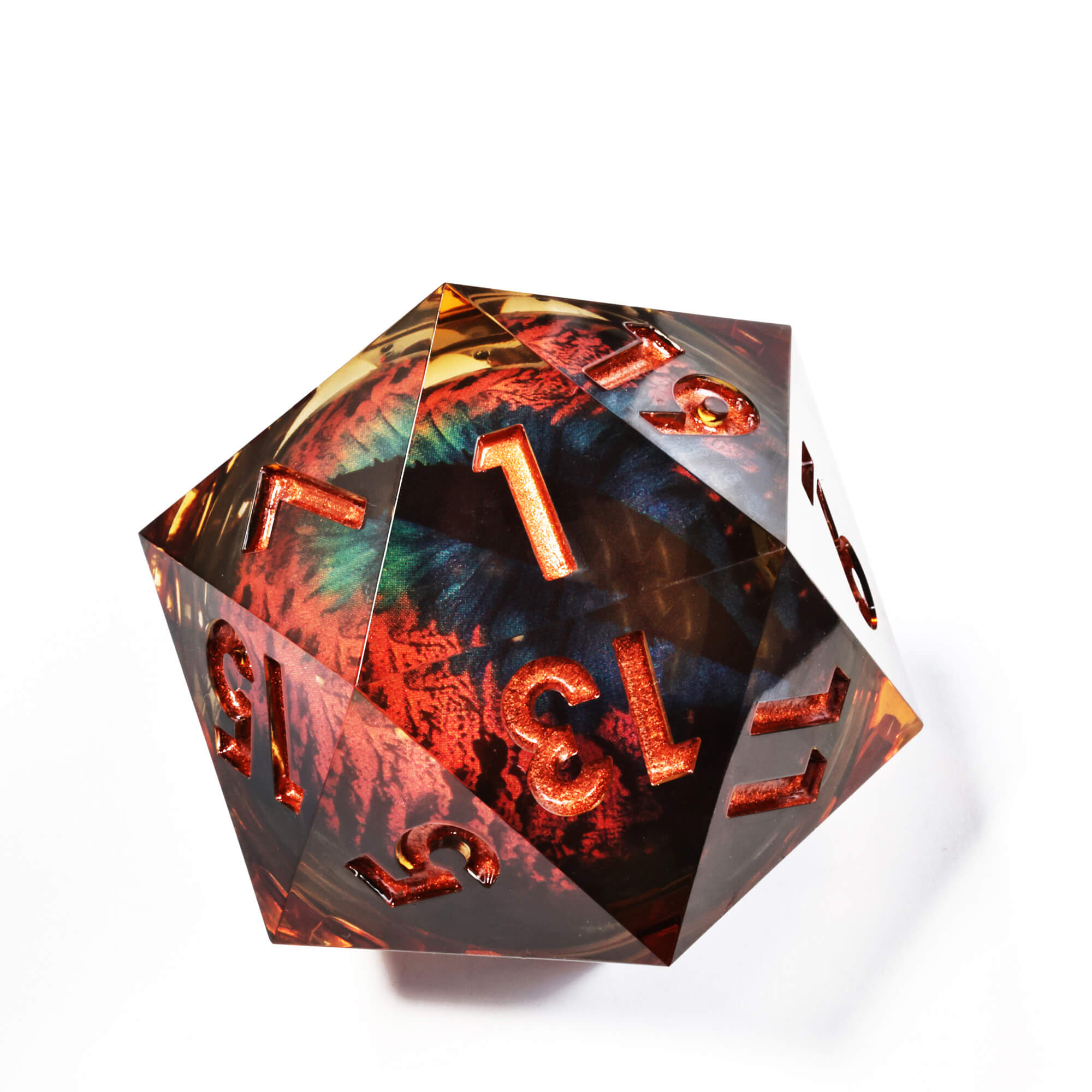 50mm Sharp Edge Polyhedral Orange Dragon Eye Large 20 Sided DnD Dice - Dice of Dragons