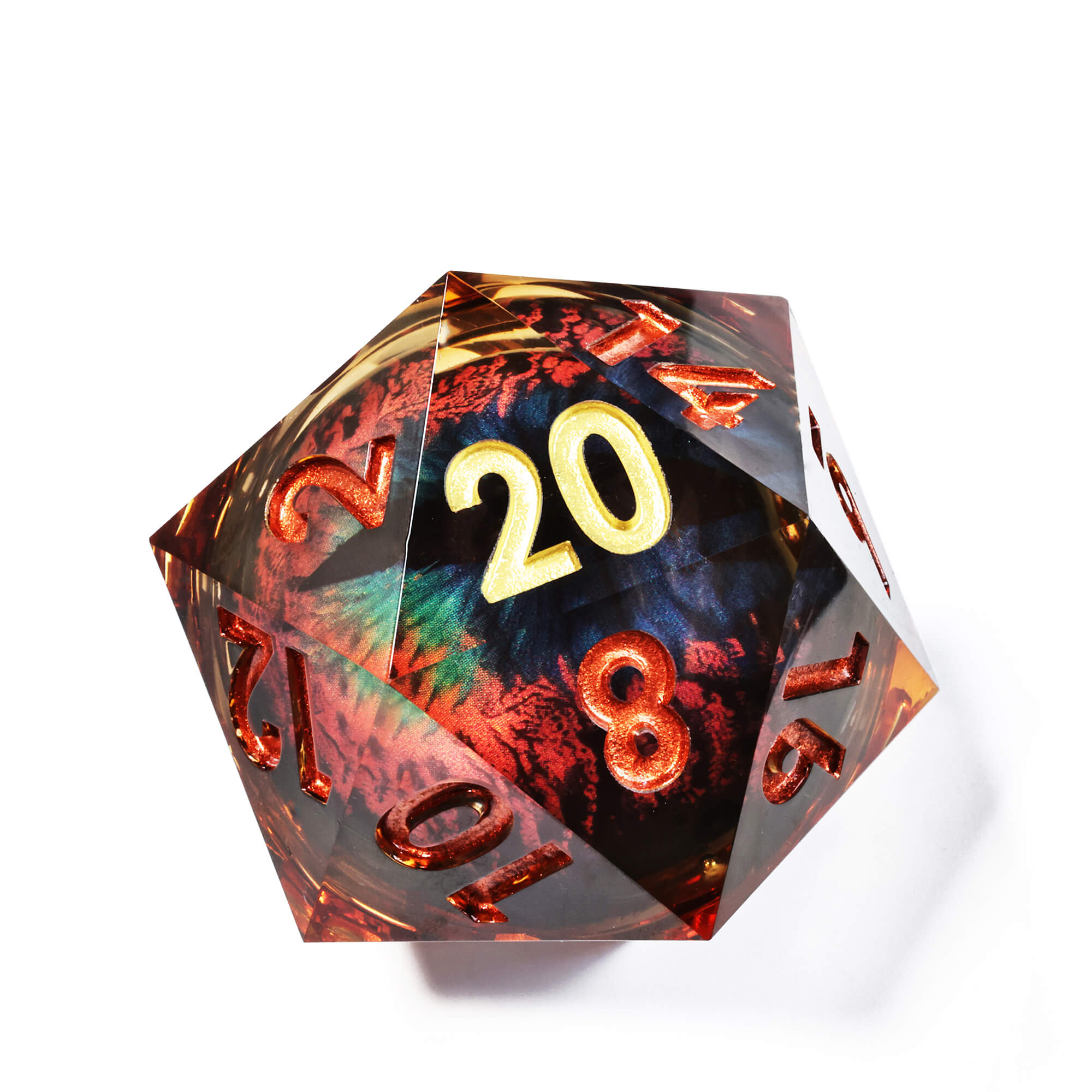50mm Sharp Edge Polyhedral Orange Dragon Eye Large 20 Sided DnD Dice - Dice of Dragons