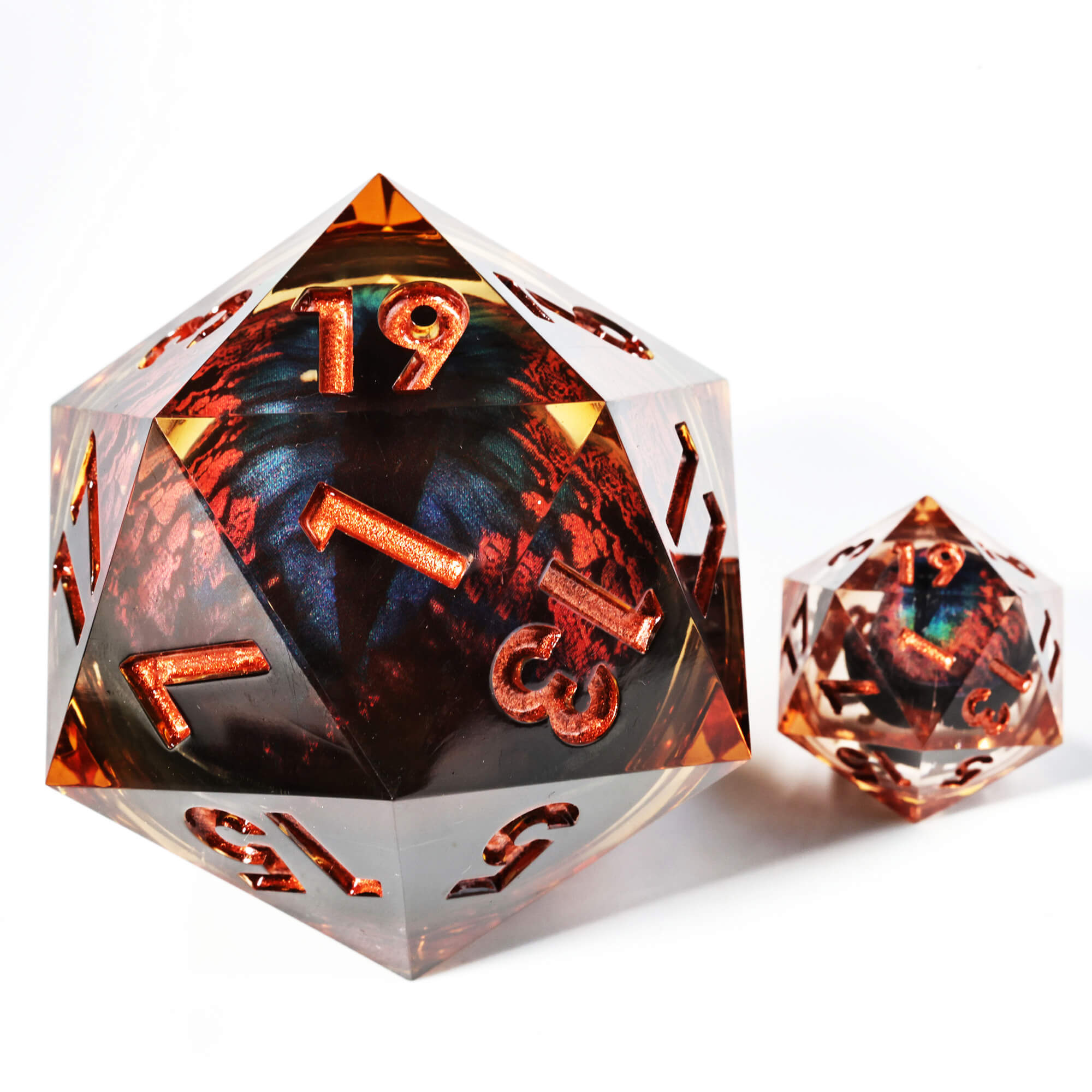 50mm Sharp Edge Polyhedral Orange Dragon Eye Large 20 Sided DnD Dice - Dice of Dragons