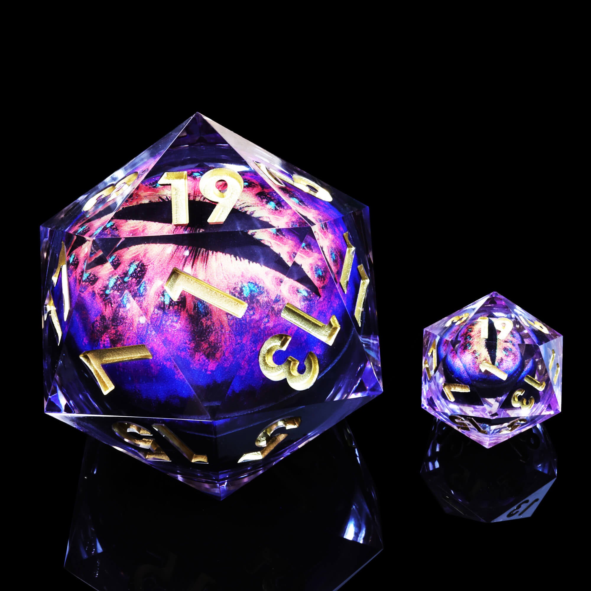 50mm Sharp Edge Polyhedral Purple Dragon Eye Large 20 Sided DnD Dice - Dice of Dragons