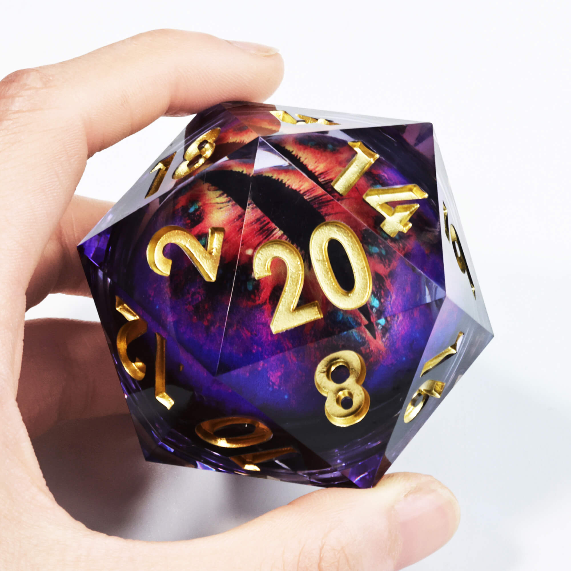 50mm Sharp Edge Polyhedral Purple Dragon Eye Large 20 Sided DnD Dice - Dice of Dragons