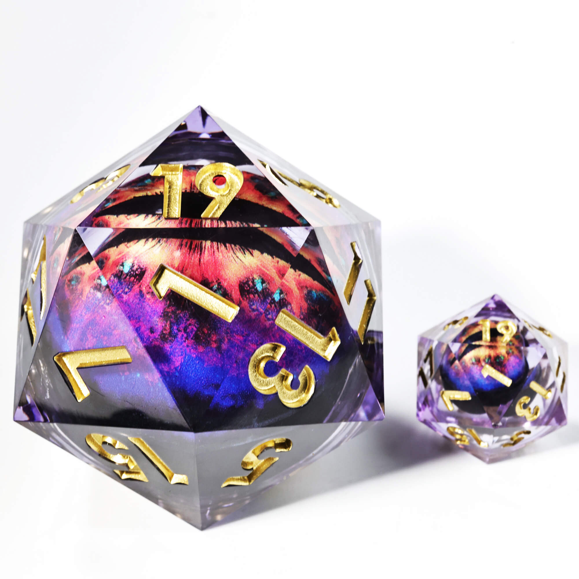 50mm Sharp Edge Polyhedral Purple Dragon Eye Large 20 Sided DnD Dice - Dice of Dragons