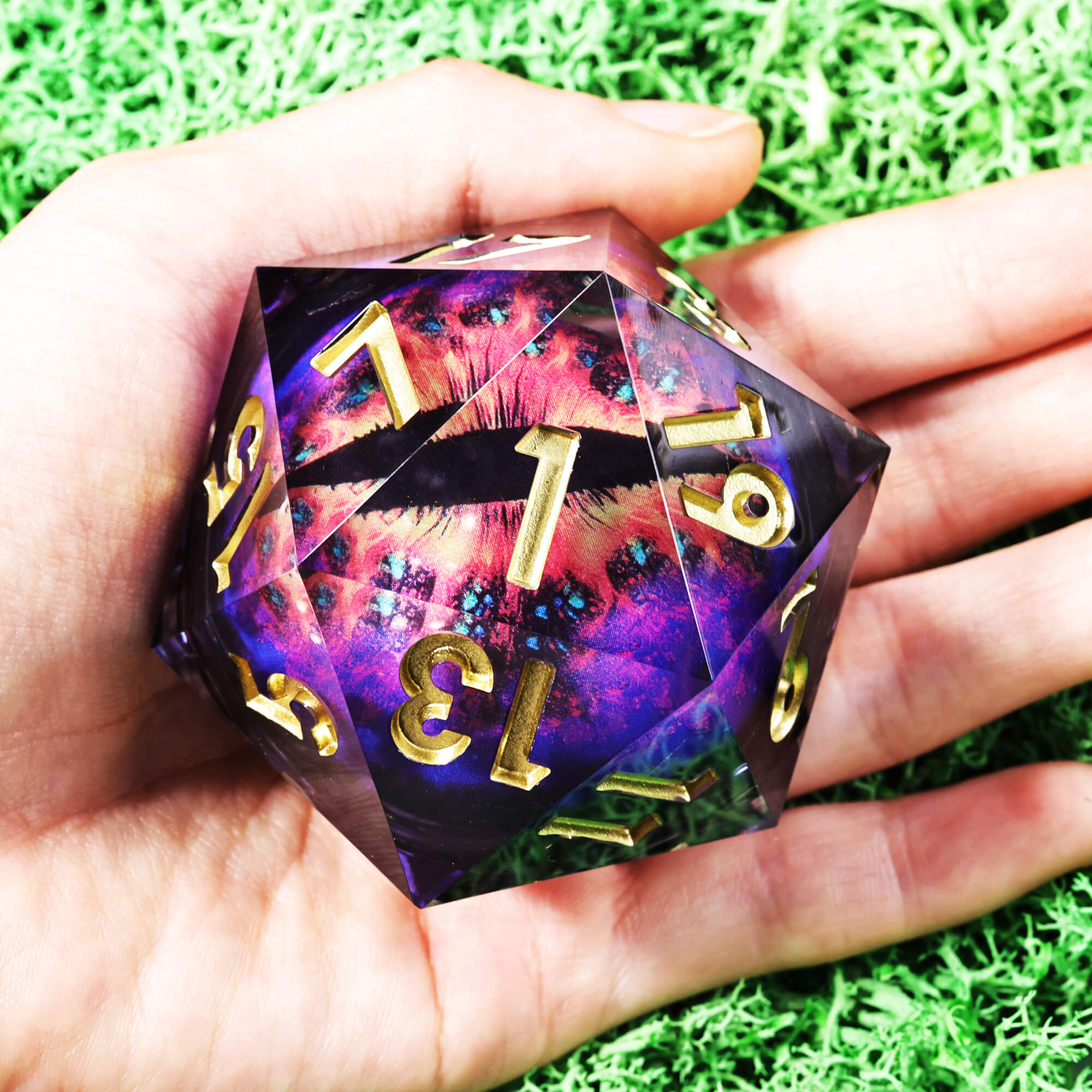 50mm Sharp Edge Polyhedral Purple Dragon Eye Large 20 Sided DnD Dice - Dice of Dragons