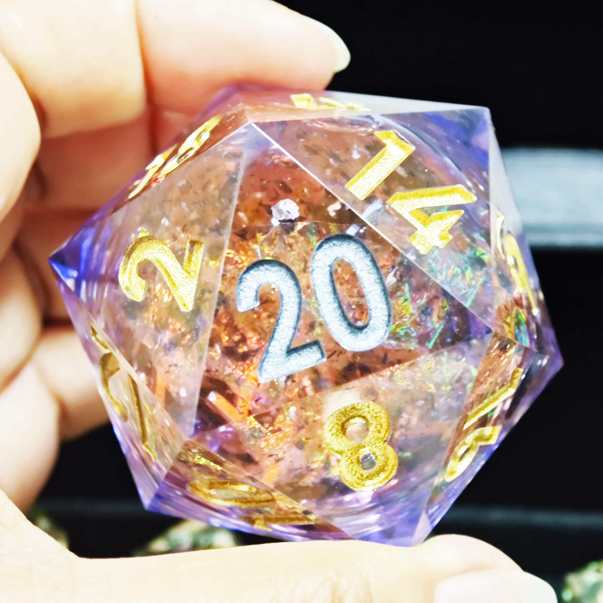 50mm Sharp Edge Polyhedral Purple Liquid Core Giant D20 Dice D&D - Dice of Dragons