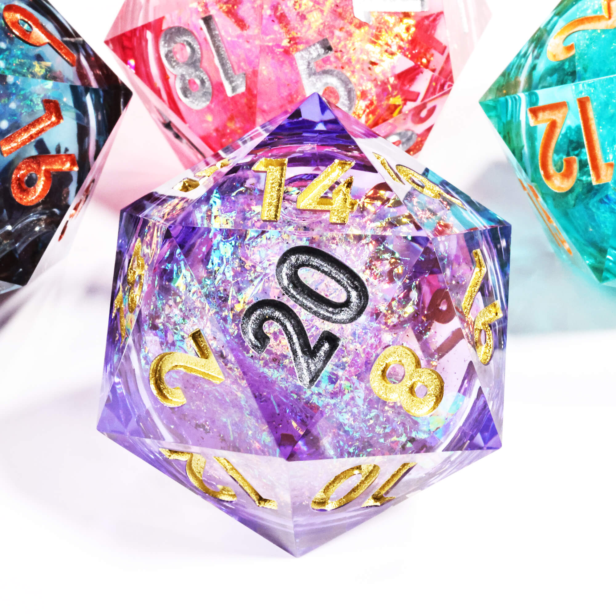 50mm Sharp Edge Polyhedral Purple Liquid Core Giant D20 Dice D&D - Dice of Dragons