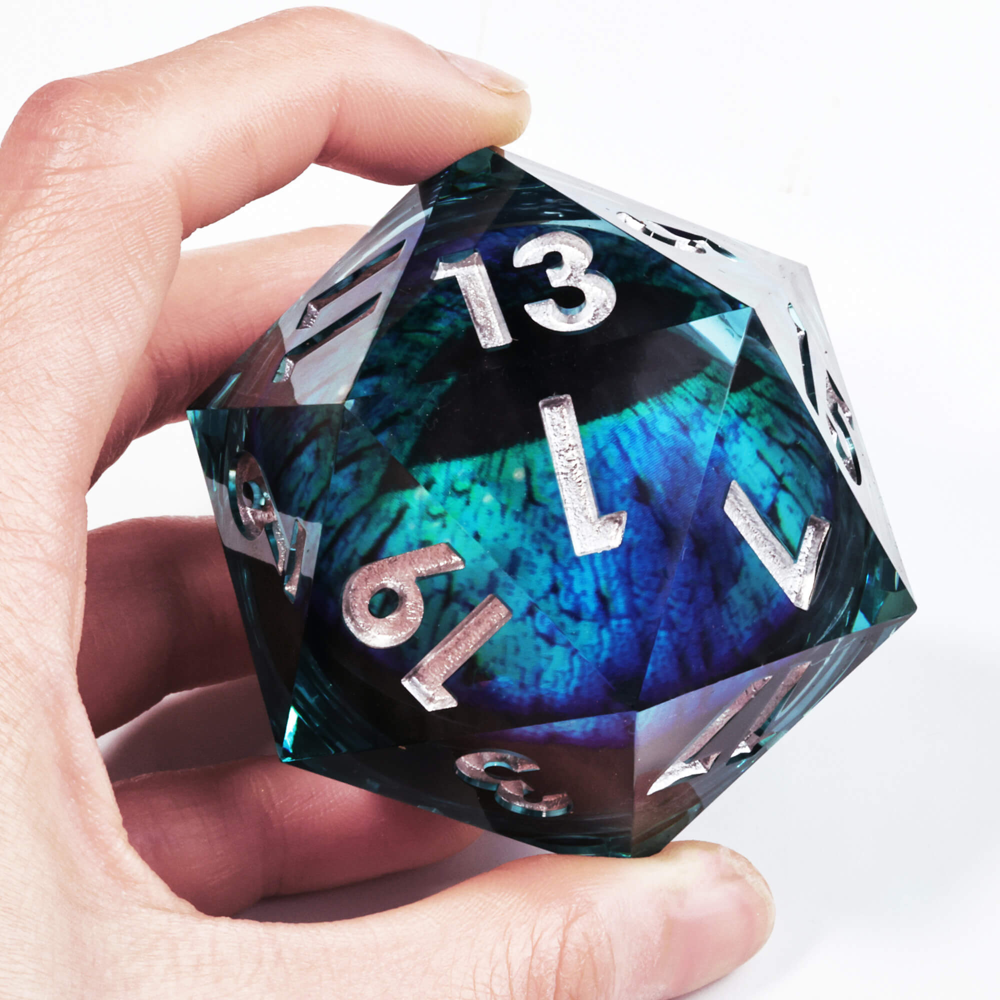 50mm Sharp Edge Polyhedral Sky Blue Dragon Eye Large 20 Sided D&D Dice - Dice of Dragons