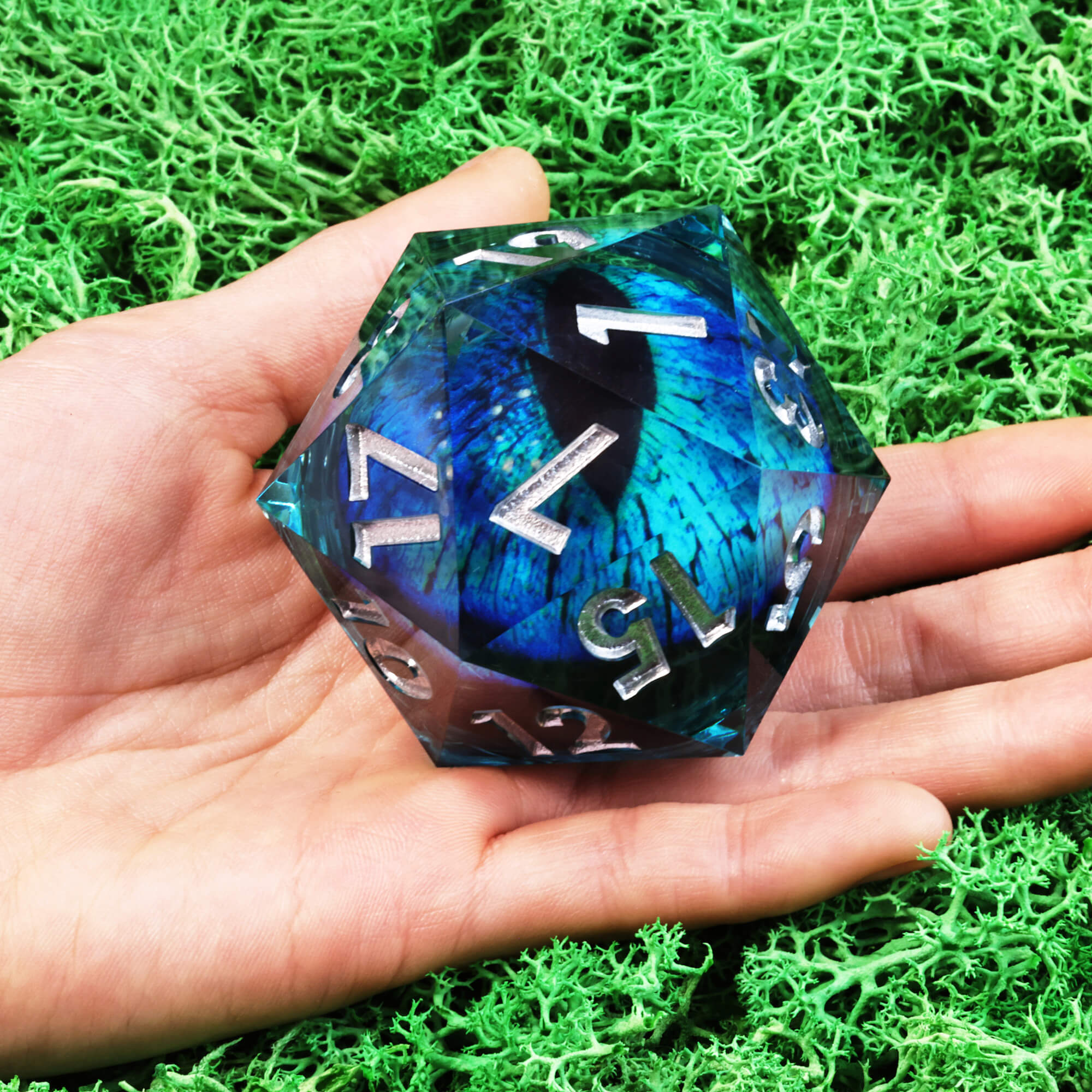 50mm Sharp Edge Polyhedral Sky Blue Dragon Eye Large 20 Sided D&D Dice - Dice of Dragons