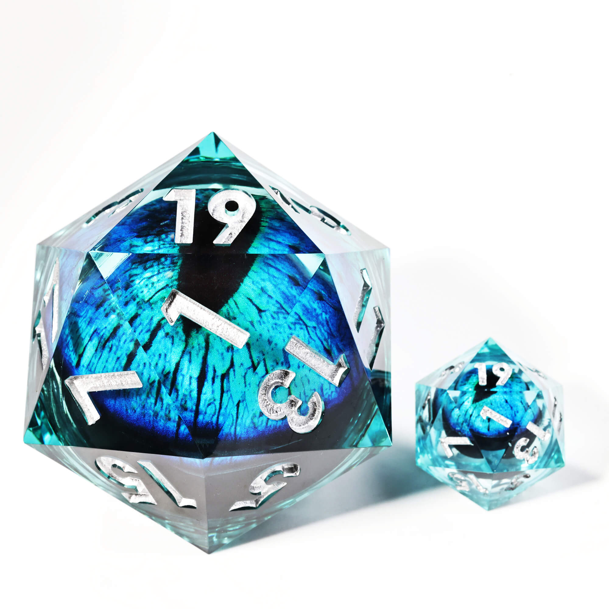 50mm Sharp Edge Polyhedral Sky Blue Dragon Eye Large 20 Sided D&D Dice - Dice of Dragons