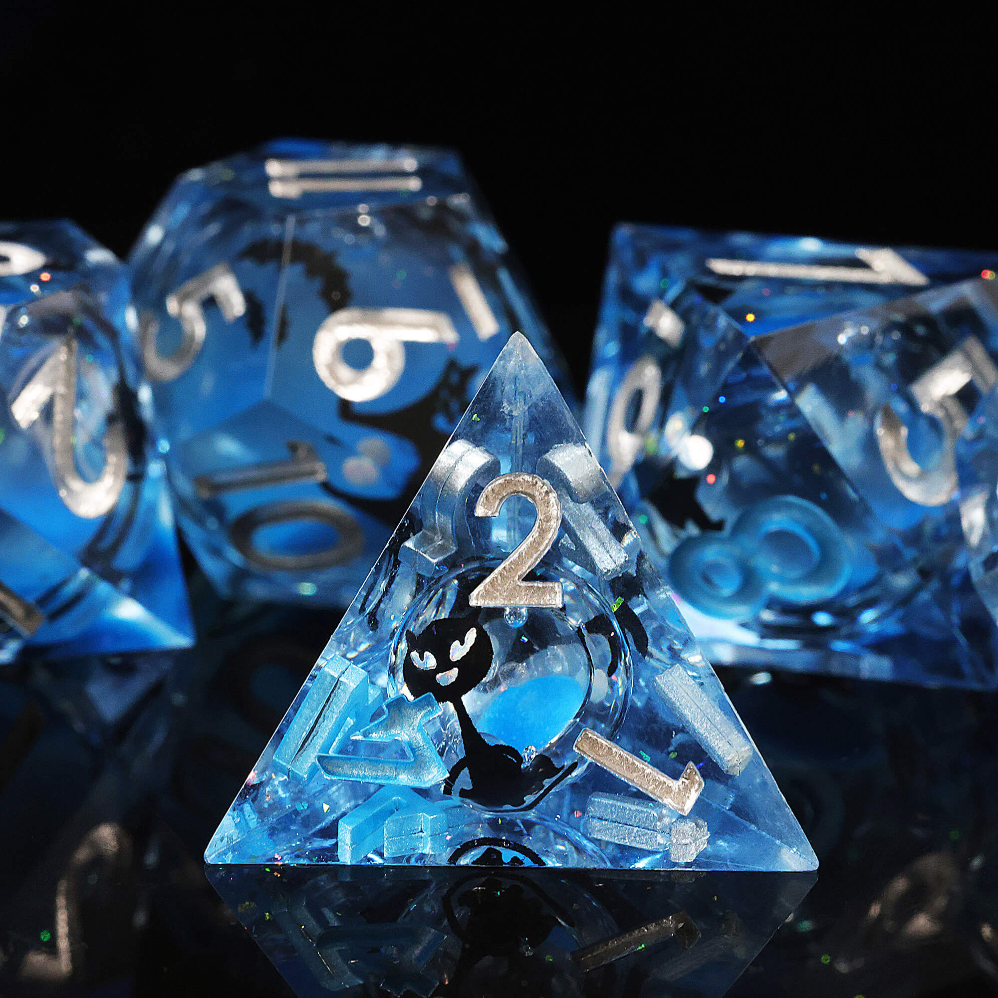 7 Piece Liquid Core Polyhedral D&D Dice Set Black Cat - Dice of Dragons