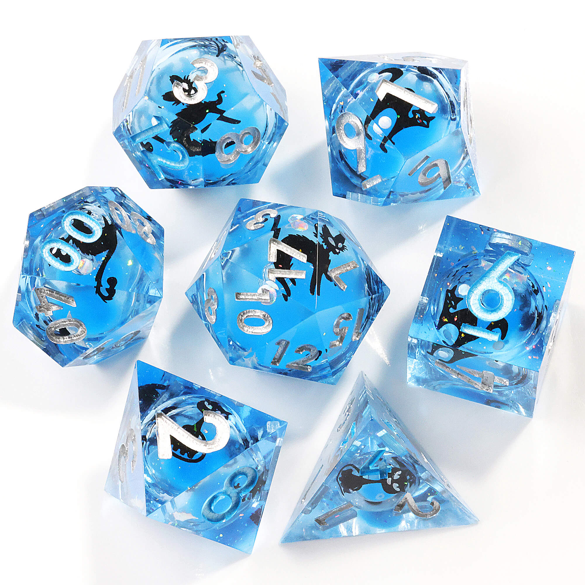 7 Piece Liquid Core Polyhedral D&D Dice Set Black Cat - Dice of Dragons