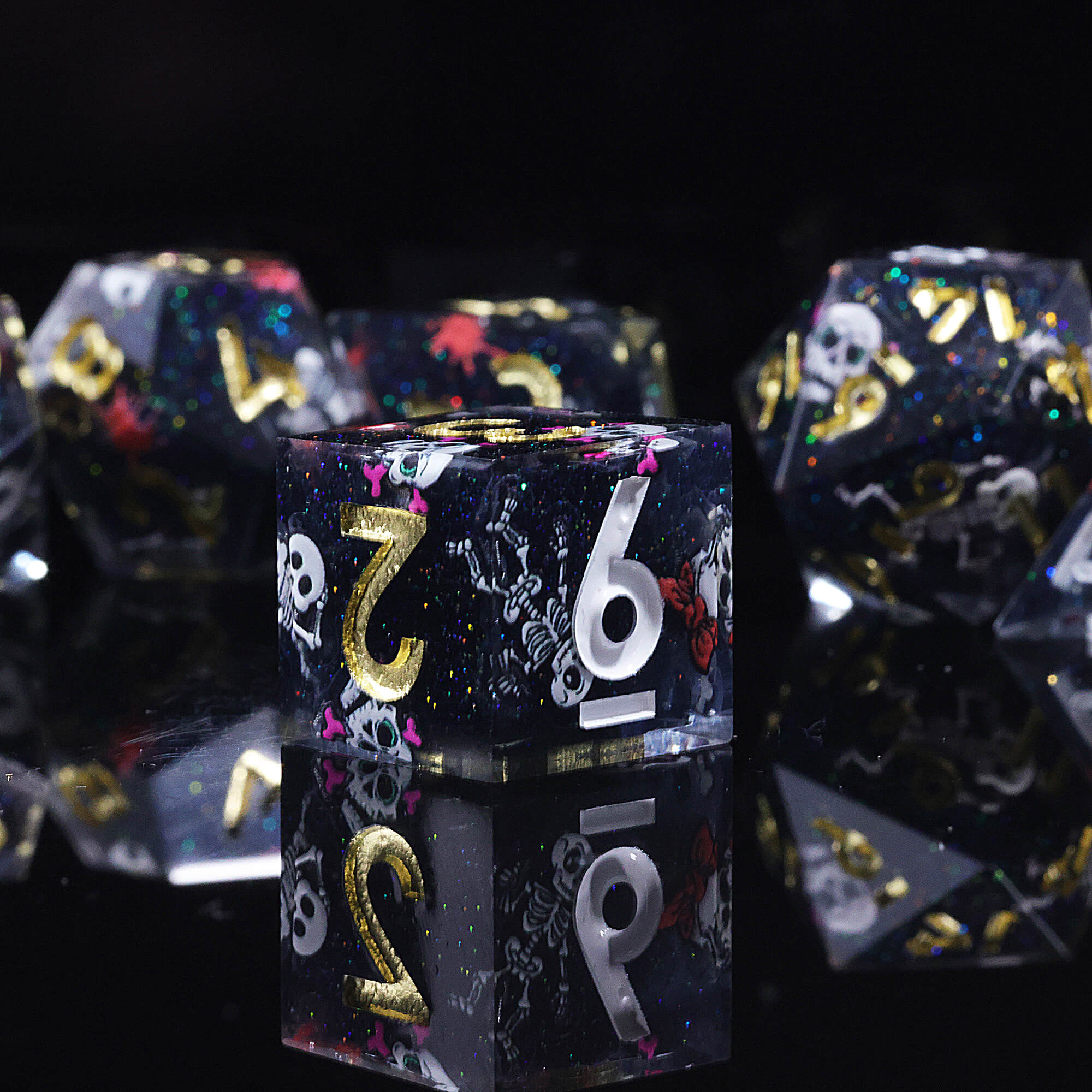 7 Piece Polyhedral DD Dice Set Cute Skull Black - Dice of Dragons