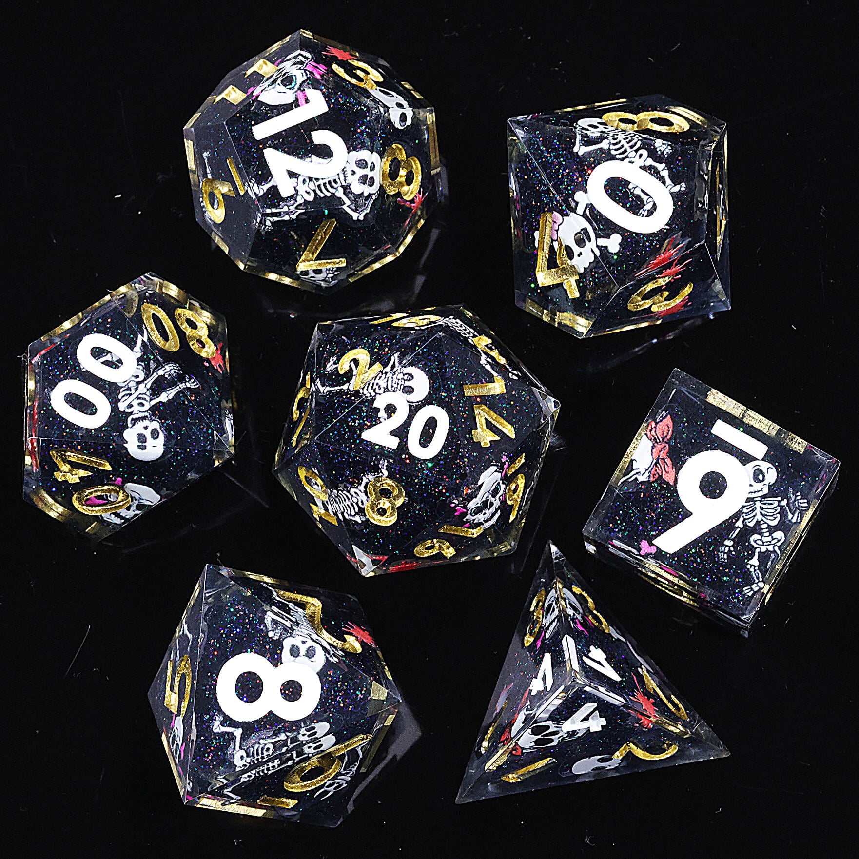 7 Piece Polyhedral DD Dice Set Cute Skull Black - Dice of Dragons