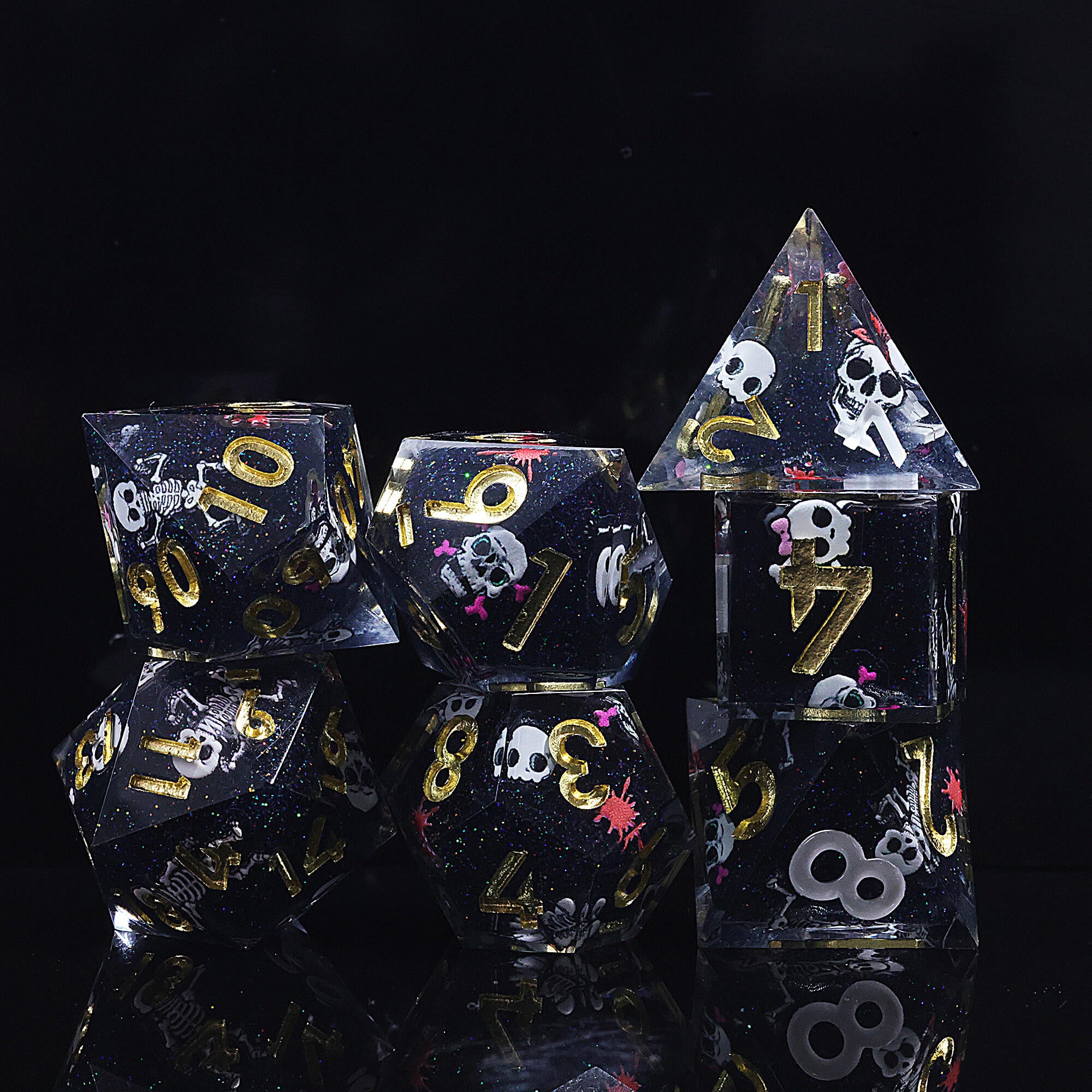 7 Piece Polyhedral DD Dice Set Cute Skull Black - Dice of Dragons