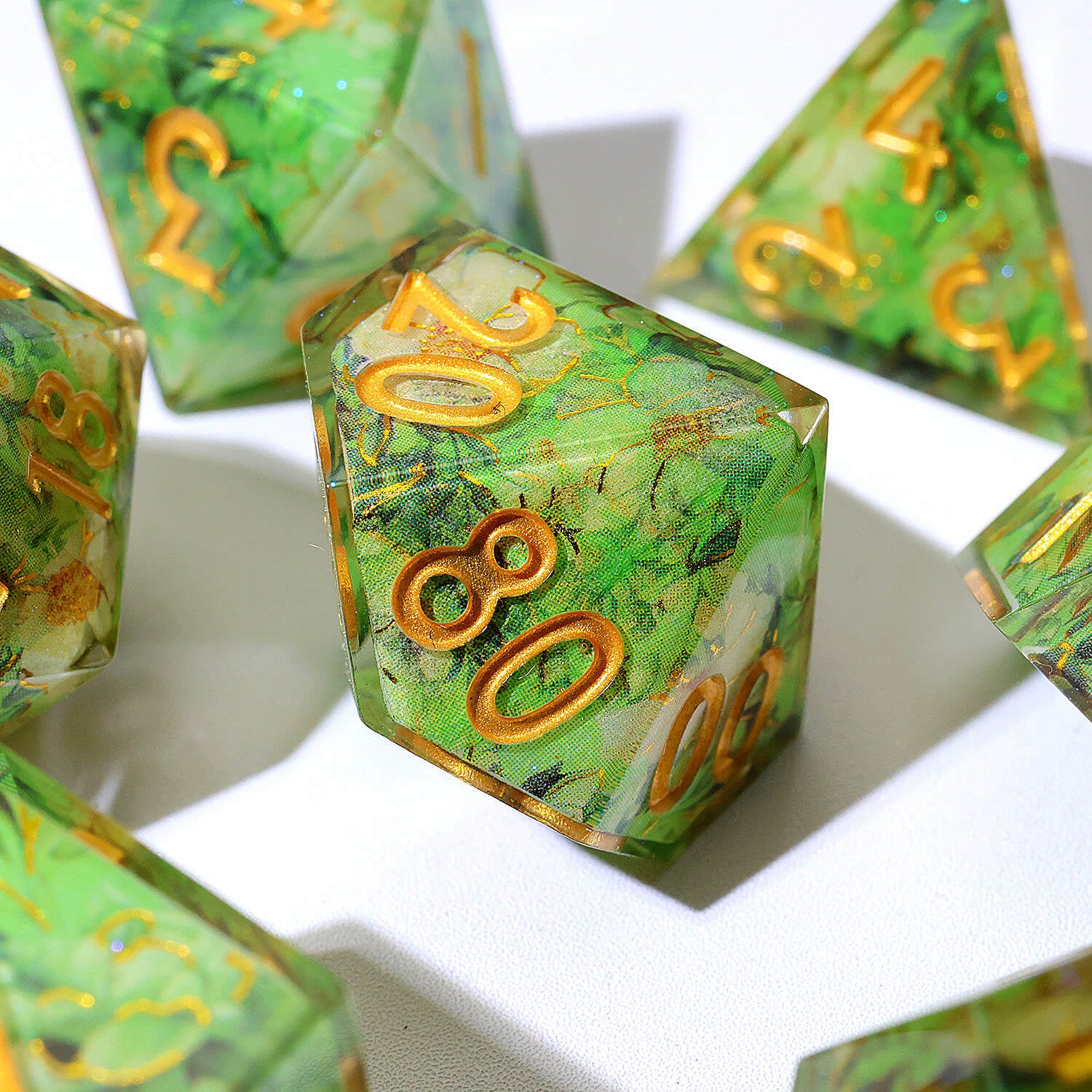 7 Piece Polyhedral Dice Sets DnD Green Flower - Dice of Dragons