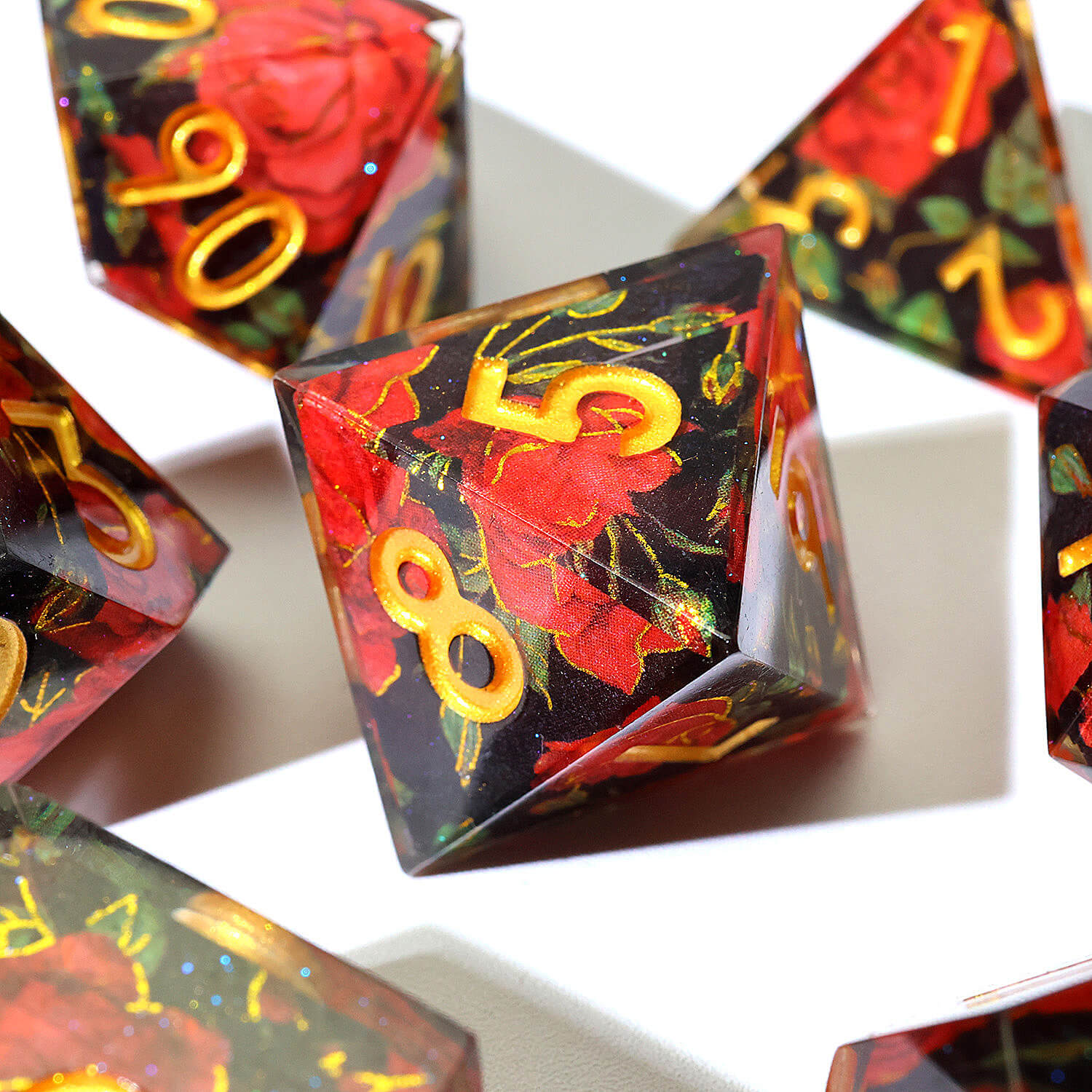 7 Piece Polyhedral Dice Sets D&D Red Flower Black - Dice of Dragons