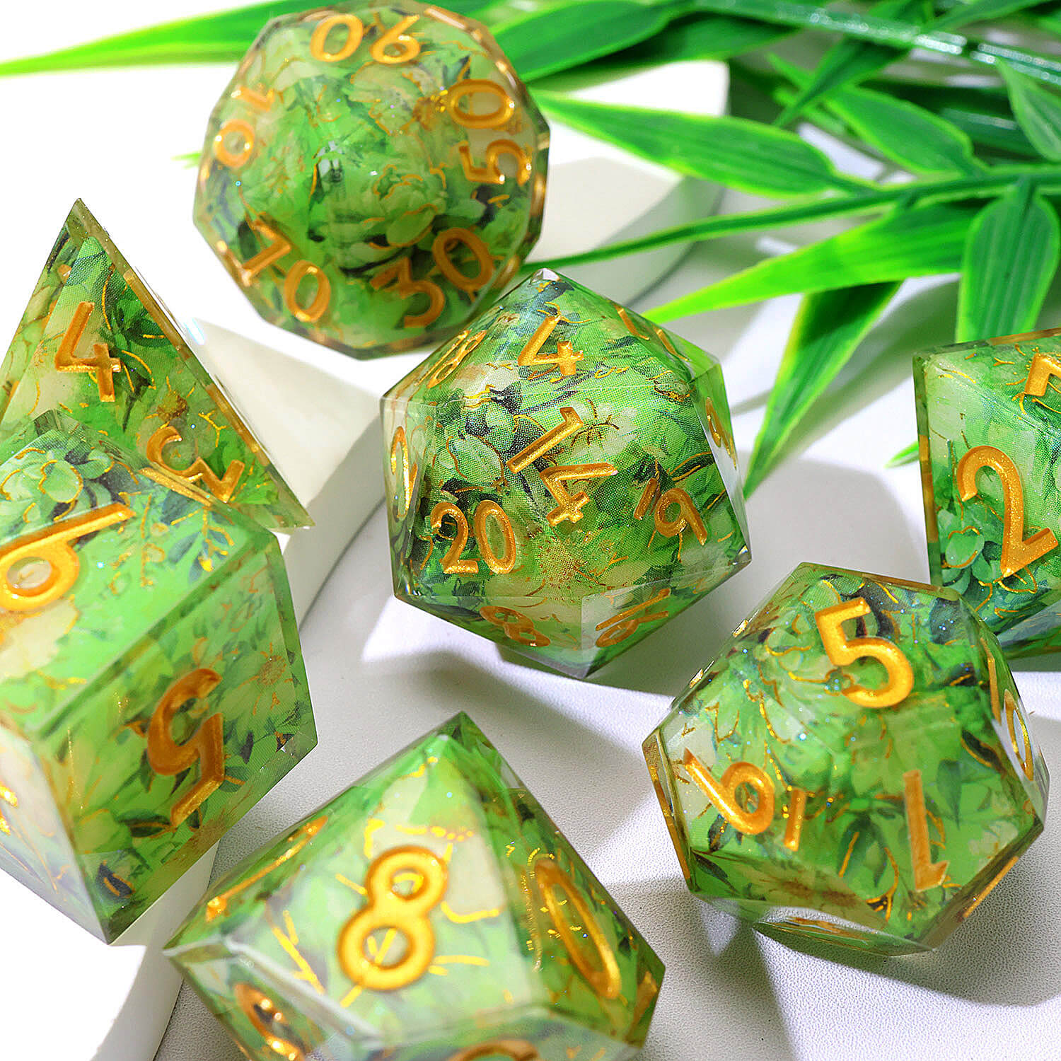 7 Piece Polyhedral Dice Sets DnD Green Flower - Dice of Dragons