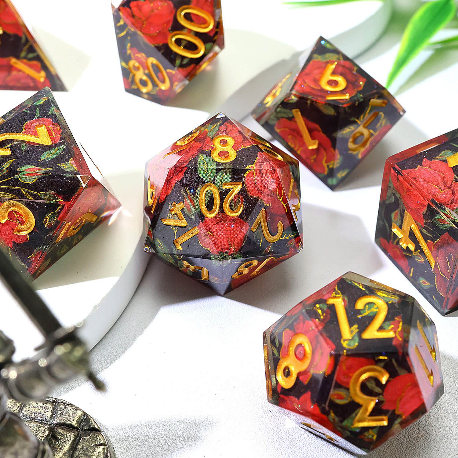 7 Piece Polyhedral Dice Sets D&D Red Flower Black - Dice of Dragons