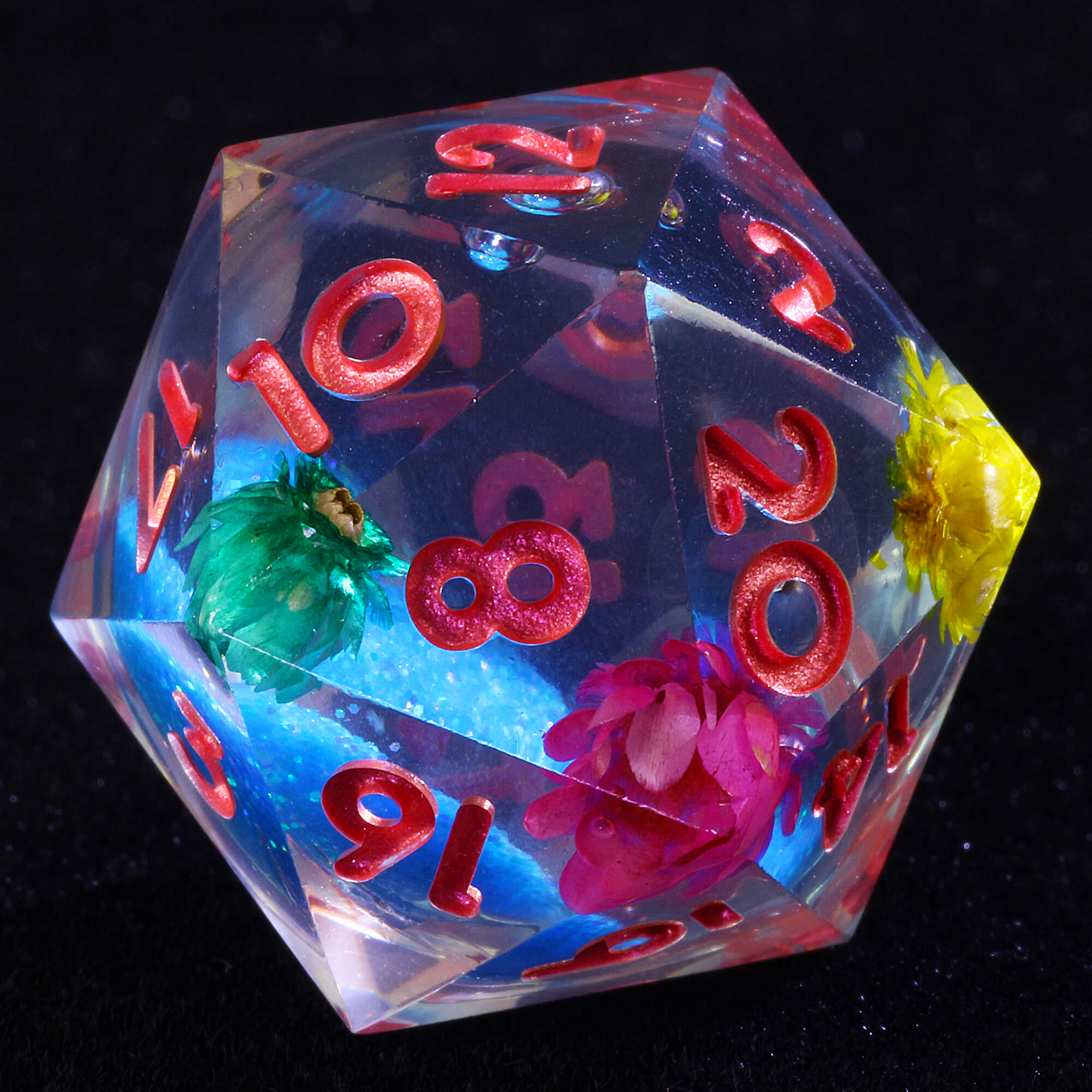 7 Polyhedral Resin Blue Liquid Core D&D Dice Set Flower - Dice of Dragons