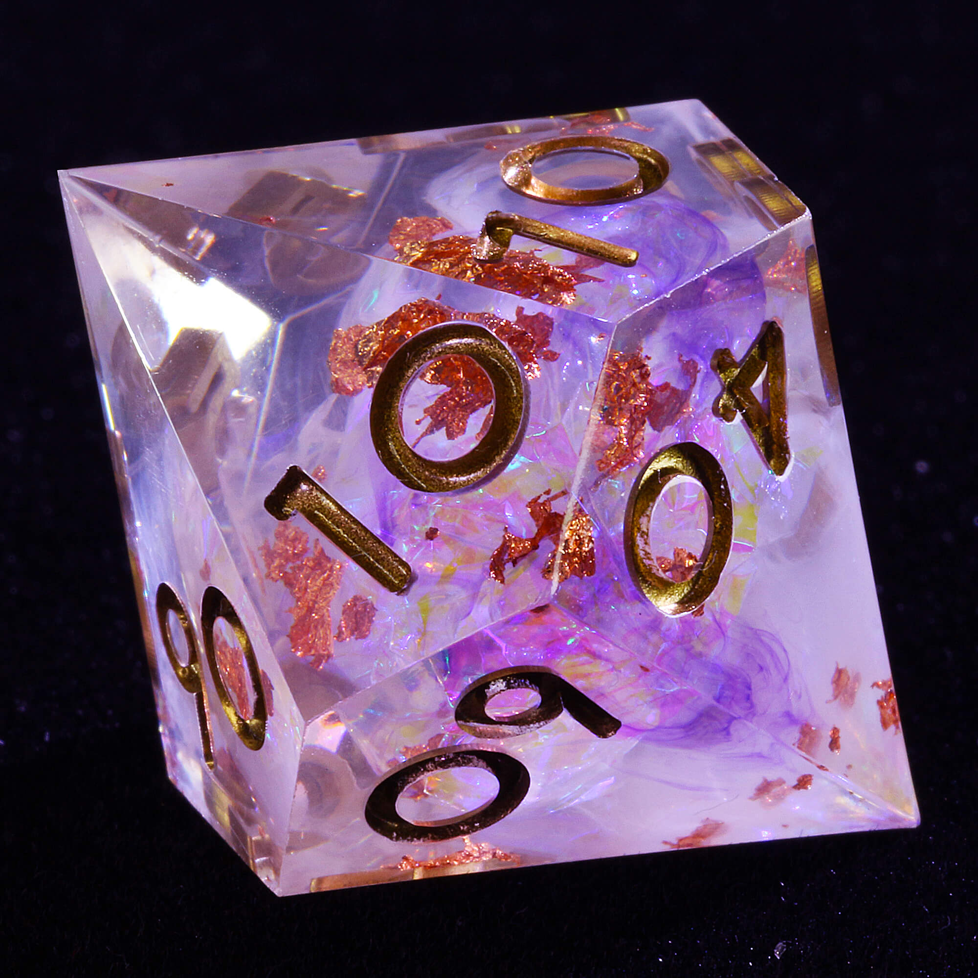 7 Polyhedral Resin Dice Set D and D Gold Paper Purple - Dice of Dragons