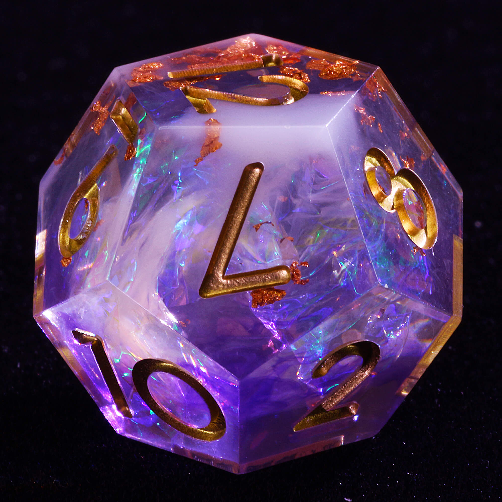 7 Polyhedral Resin Dice Set D and D Gold Paper Purple - Dice of Dragons