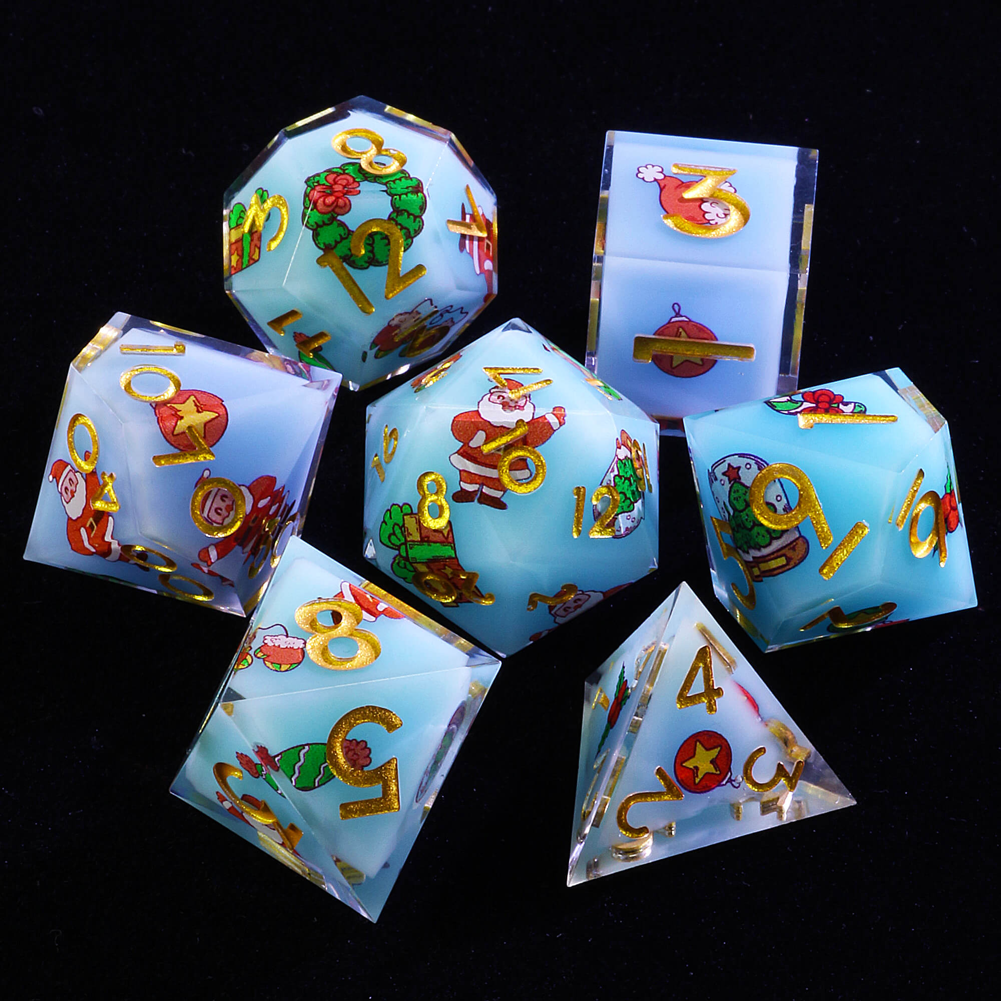 7 Polyhedral Resin DD Dice Sets Christmas Santa Claus Blue - Dice of Dragons