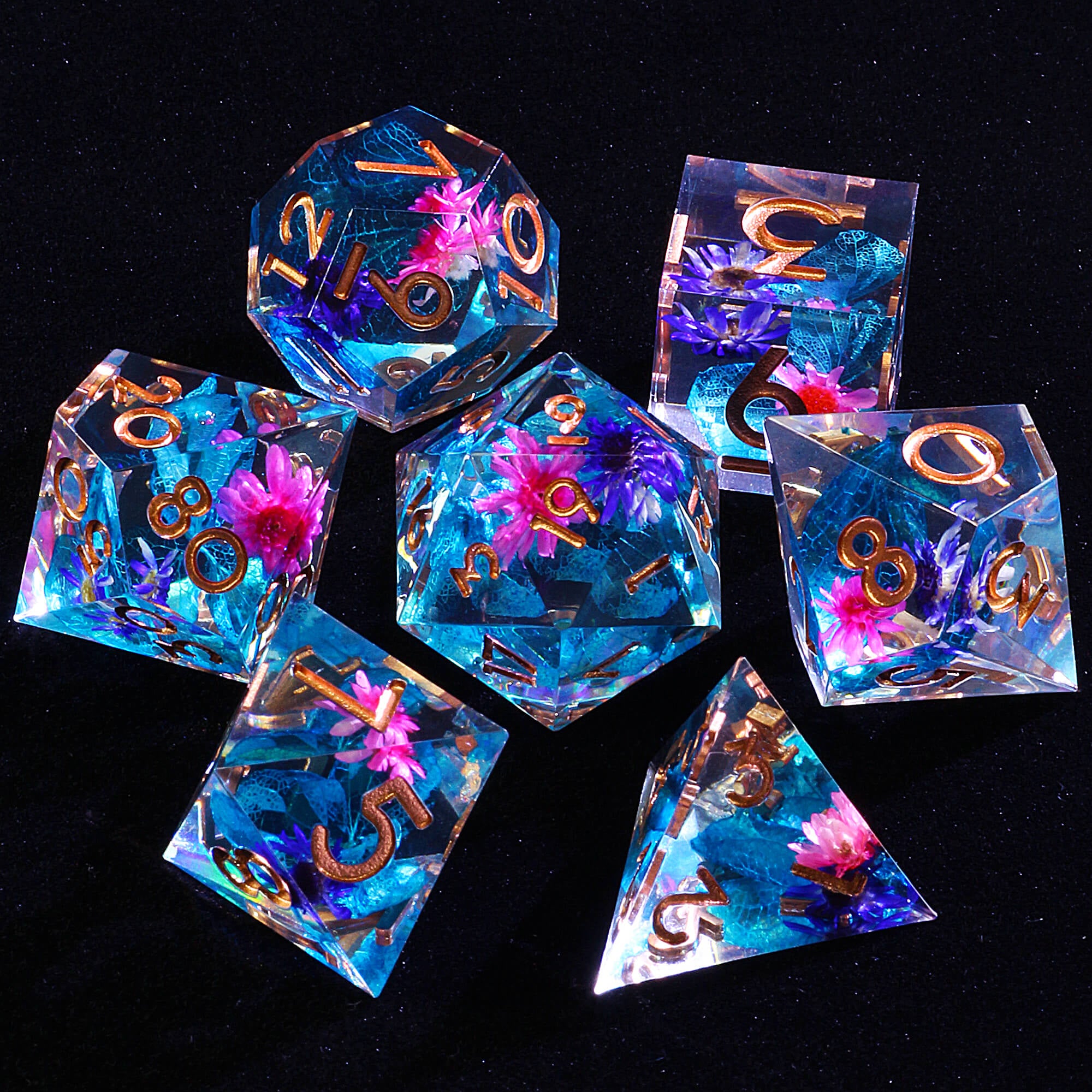 7 Polyhedral Resin D&D Dice Sets Flower - Dice of Dragons