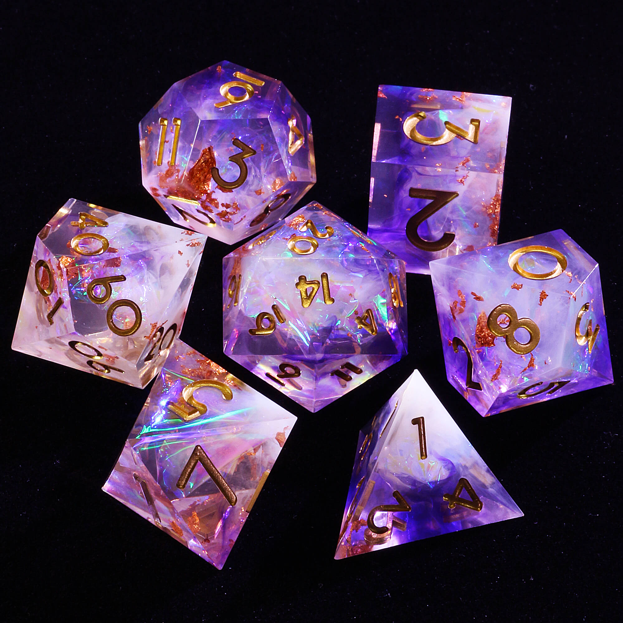 7 Polyhedral Resin Dice Set D and D Gold Paper Purple - Dice of Dragons