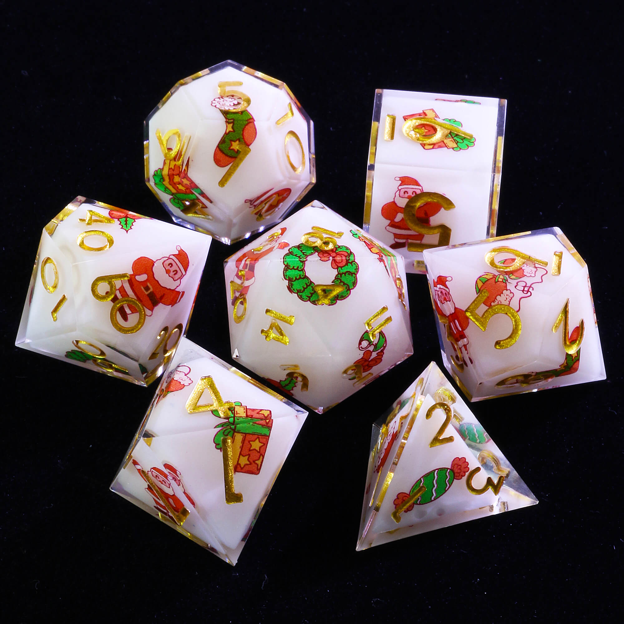 7 Polyhedral Resin Dice Set D&D Christmas Santa Claus White - Dice of Dragons