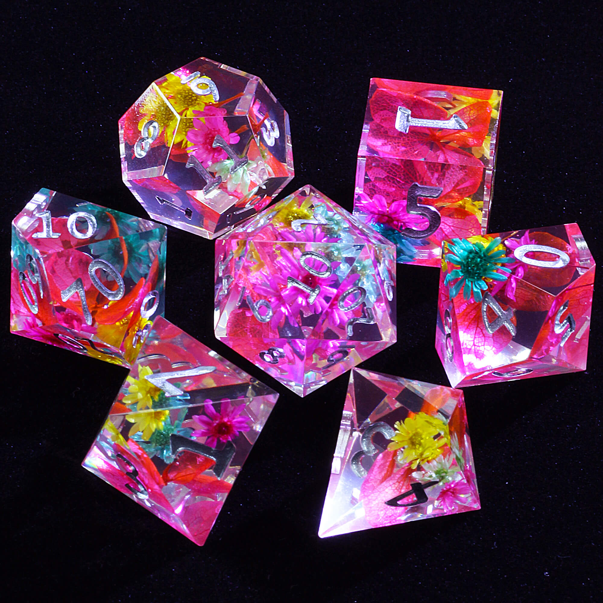 7 Polyhedral Resin Dice Sets D and D Red Flower - Dice of Dragons