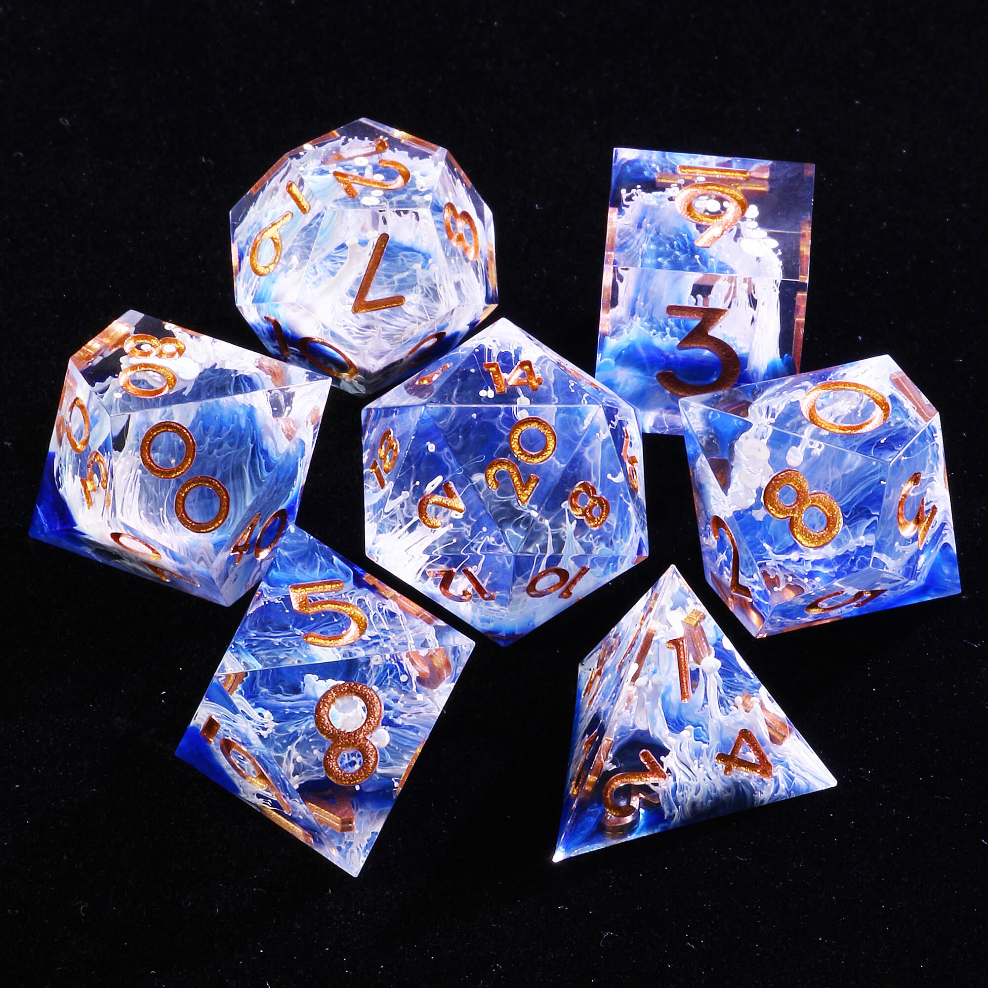 7 Polyhedral Resin Dice Sets D&D Wave Blue - Dice of Dragons