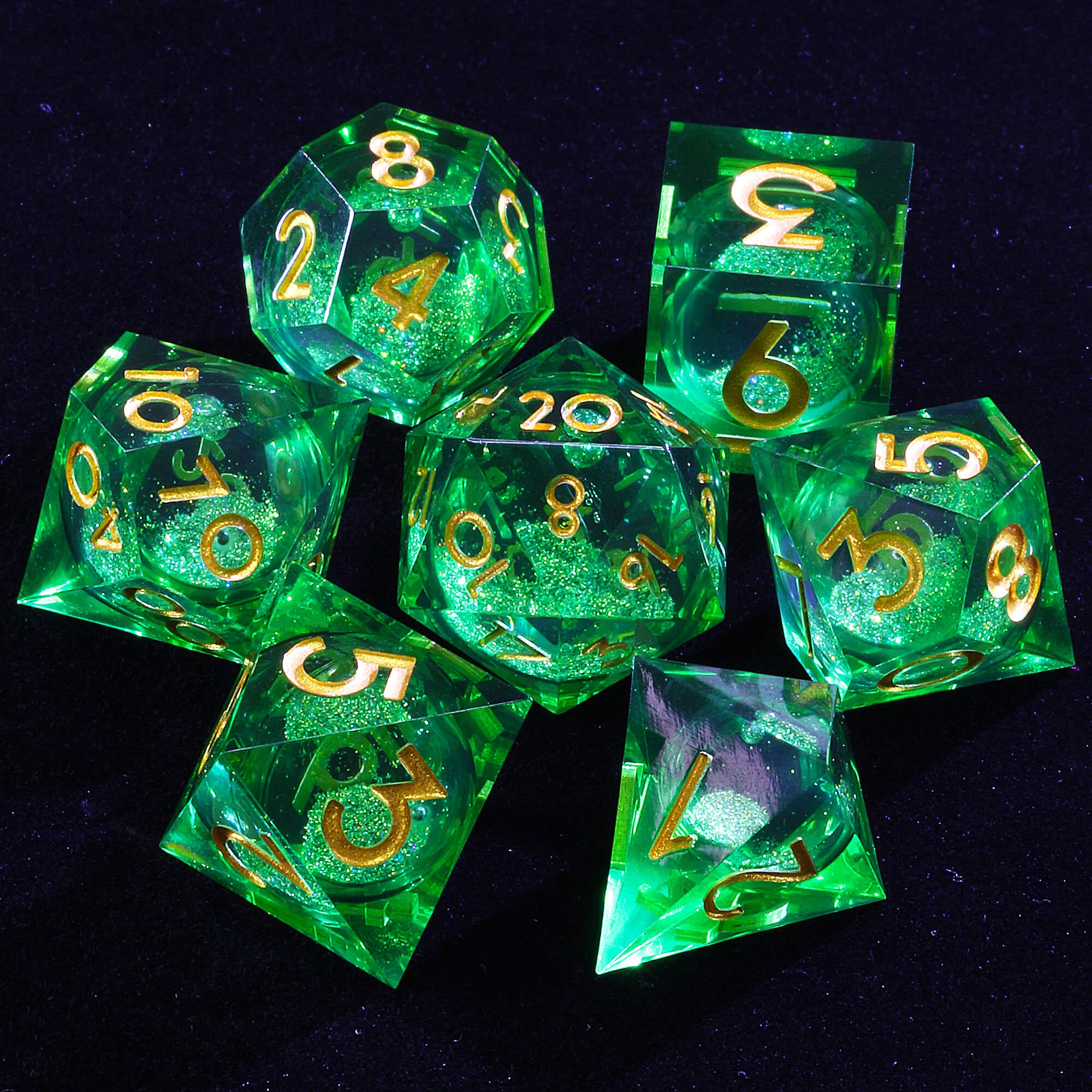 7 Polyhedral Resin Glitter Liquid Core D&D Set Dice Green - Dice of Dragons