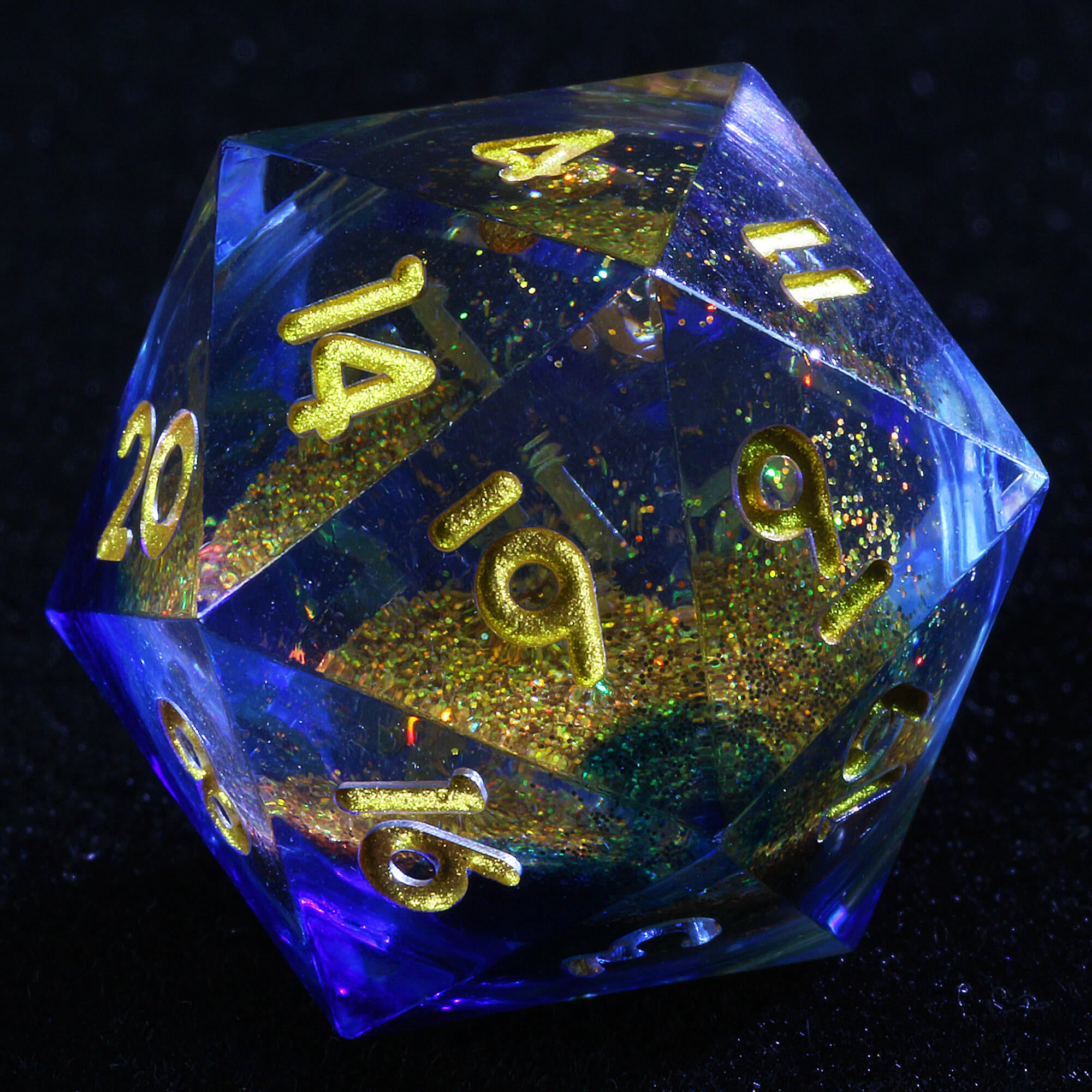 7 Polyhedral Resin Gold Liquid Core D and D Dice Set Blue - Dice of Dragons