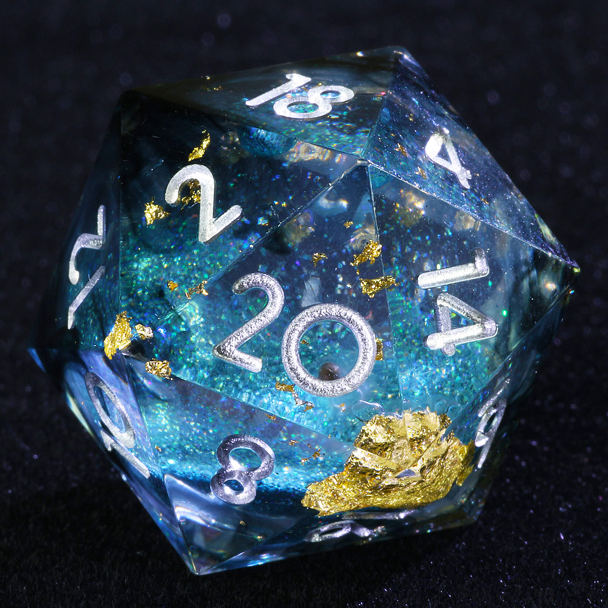 7 Polyhedral Resin Liquid Core Set of Dice DD Gold Paper Blue - Dice of Dragons