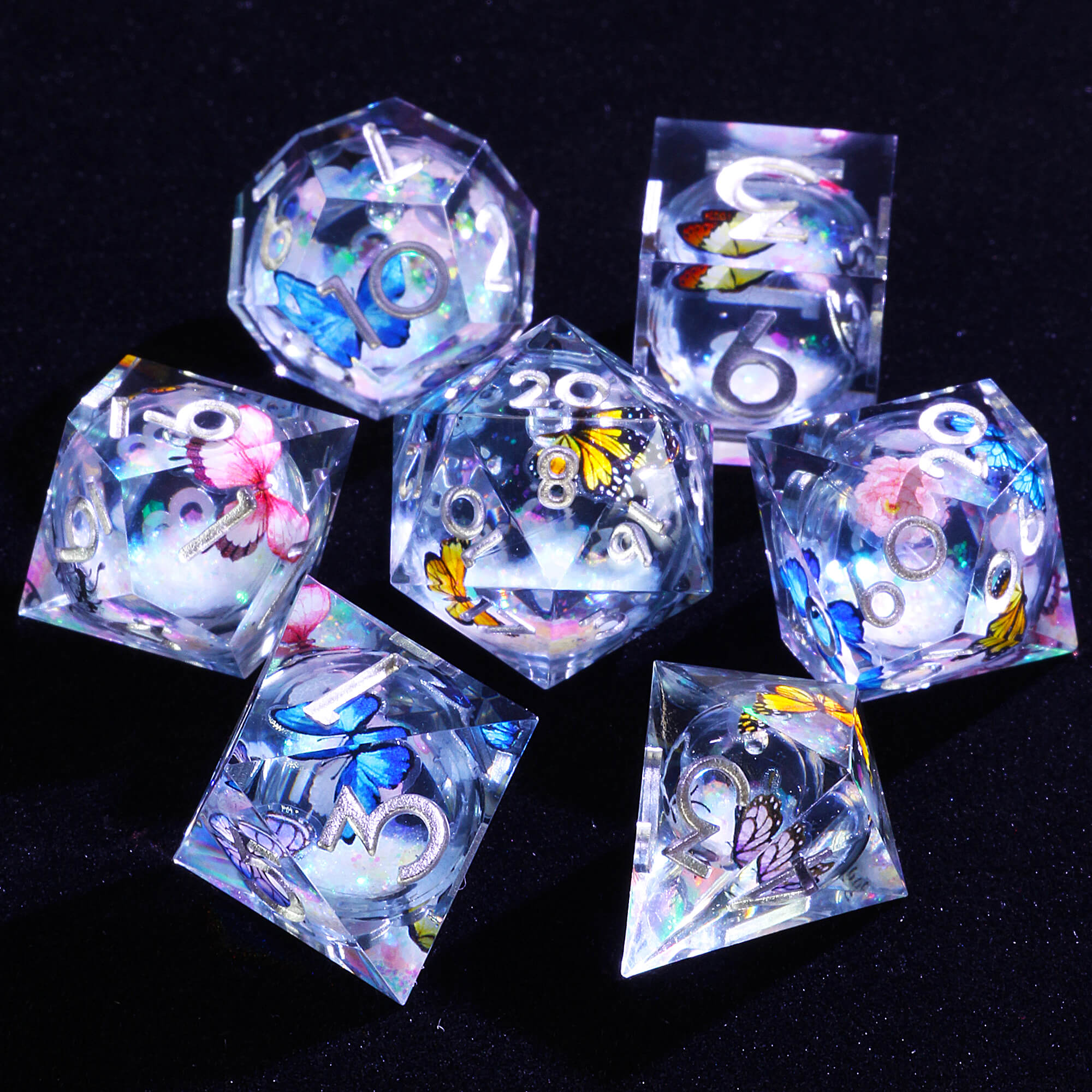 7 Polyhedral Resin Liquid Core Die Dice Set DnD Butterfly - Dice of Dragons