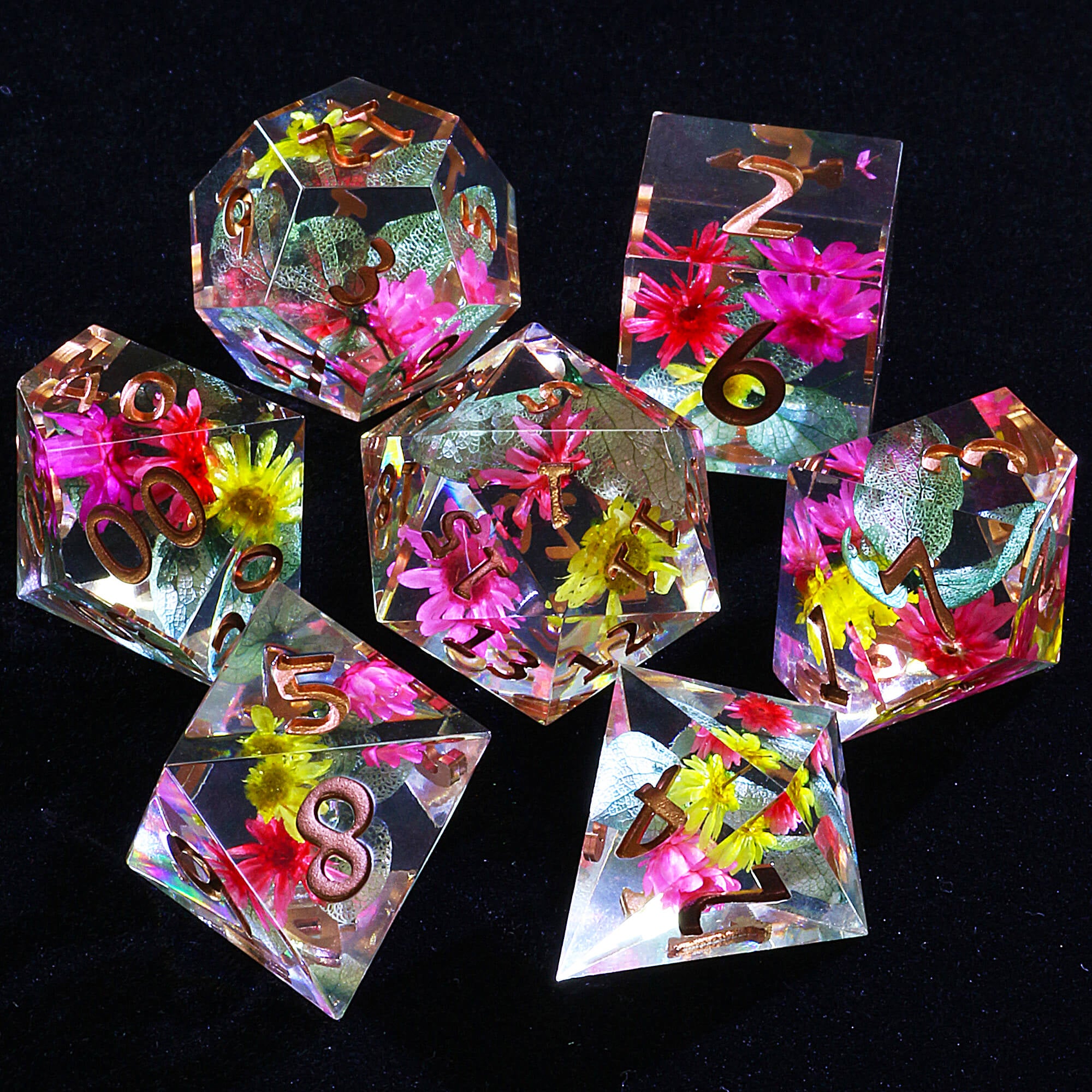 7 Polyhedral Resin Set of Dice D&D Pink Yellow Flower - Dice of Dragons
