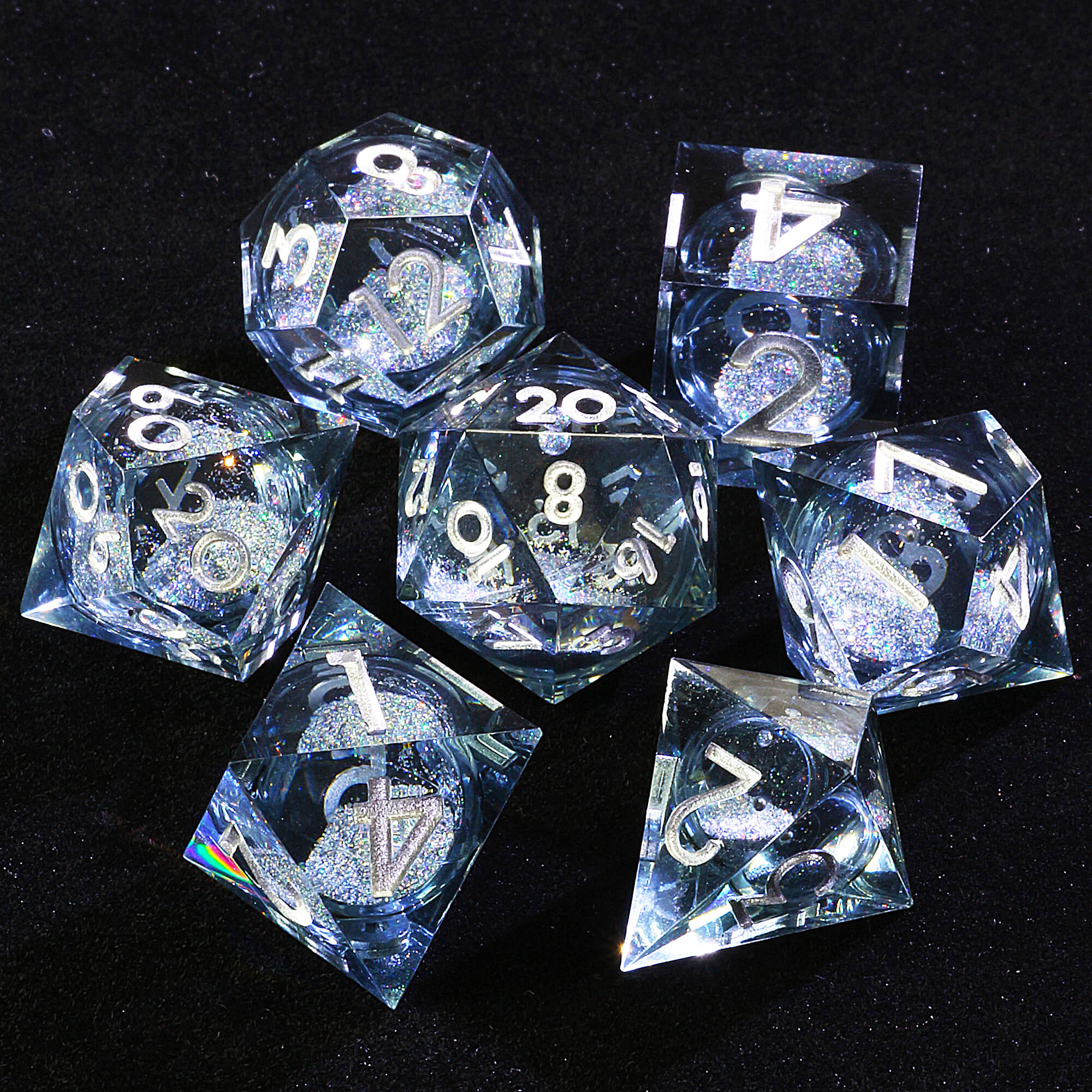 7 Polyhedral Resin Silver Liquid Core Set Dice D&D Black - Dice of Dragons
