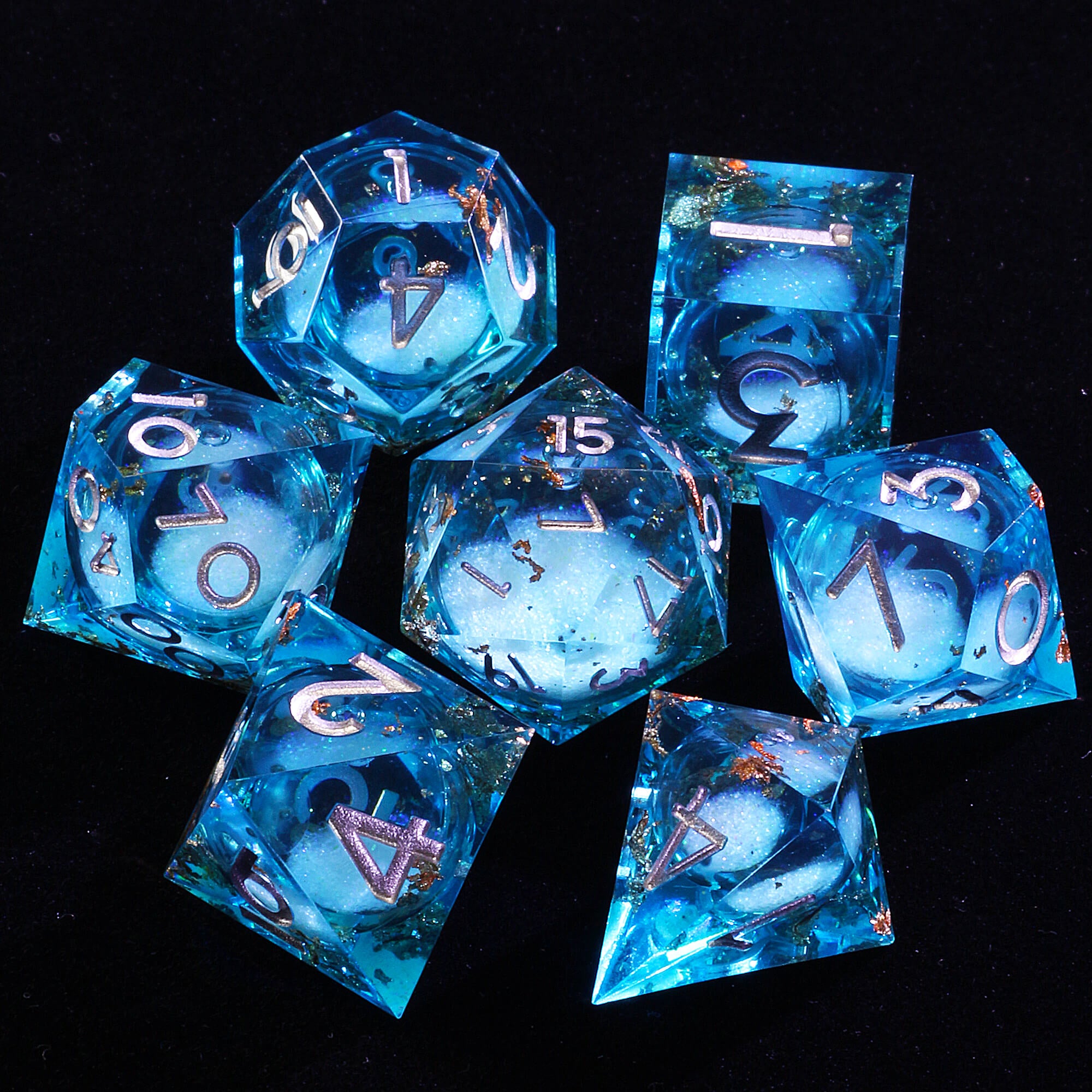 7 Polyhedral Resin White Liquid Core DD Set Dice Blue - Dice of Dragons
