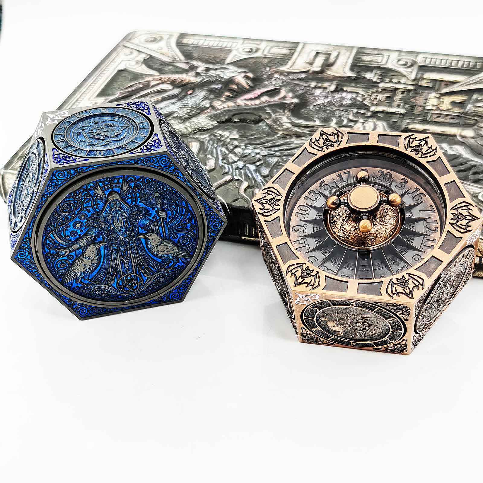 7 in 1 Odin and the Raven Bat Cthulhu Dragon Metal DnD Roulette Wheel Dice 8-sided - Dice of Dragons