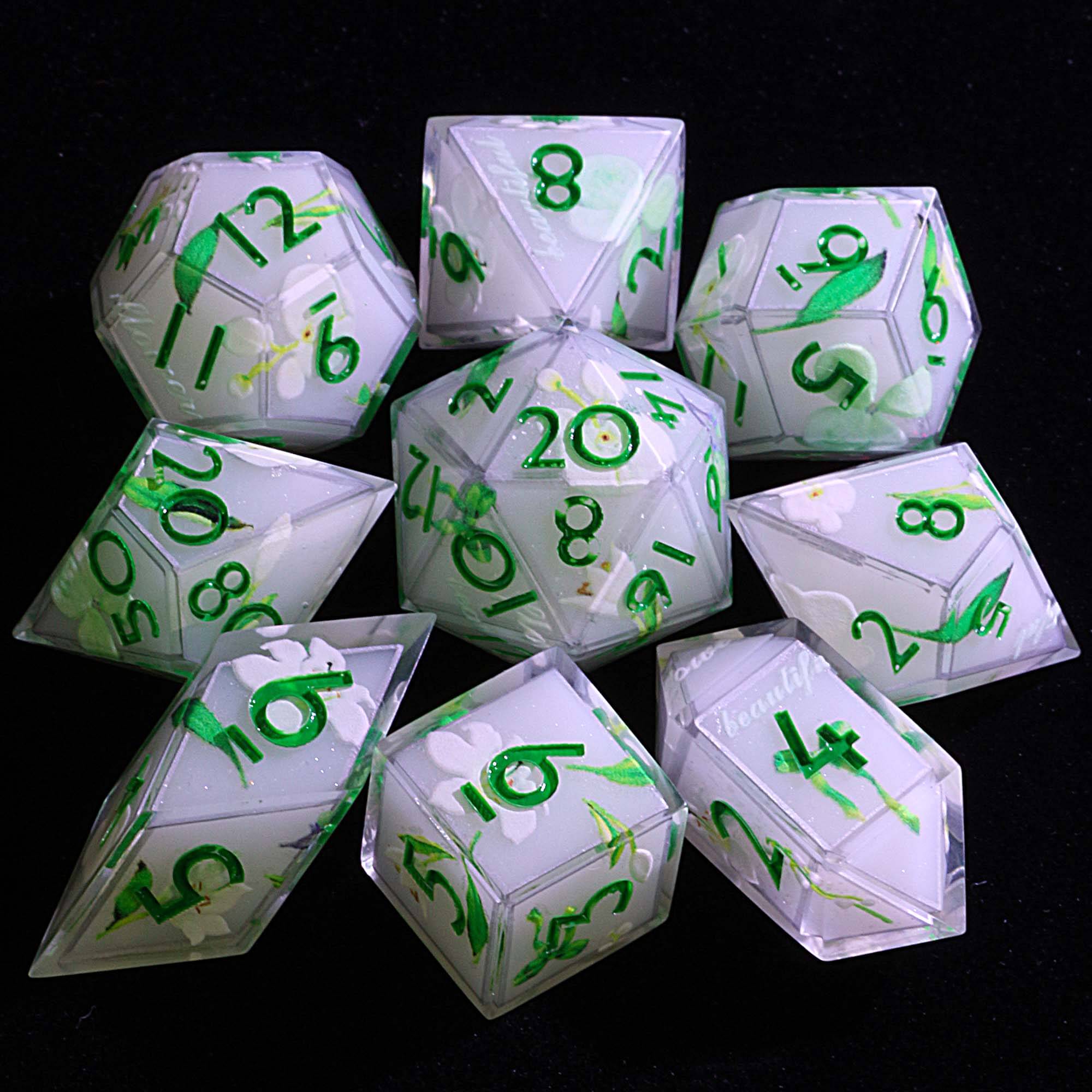 9 Polyhedral D and D Sets Dice Moonlight White Garden - Dice of Dragons