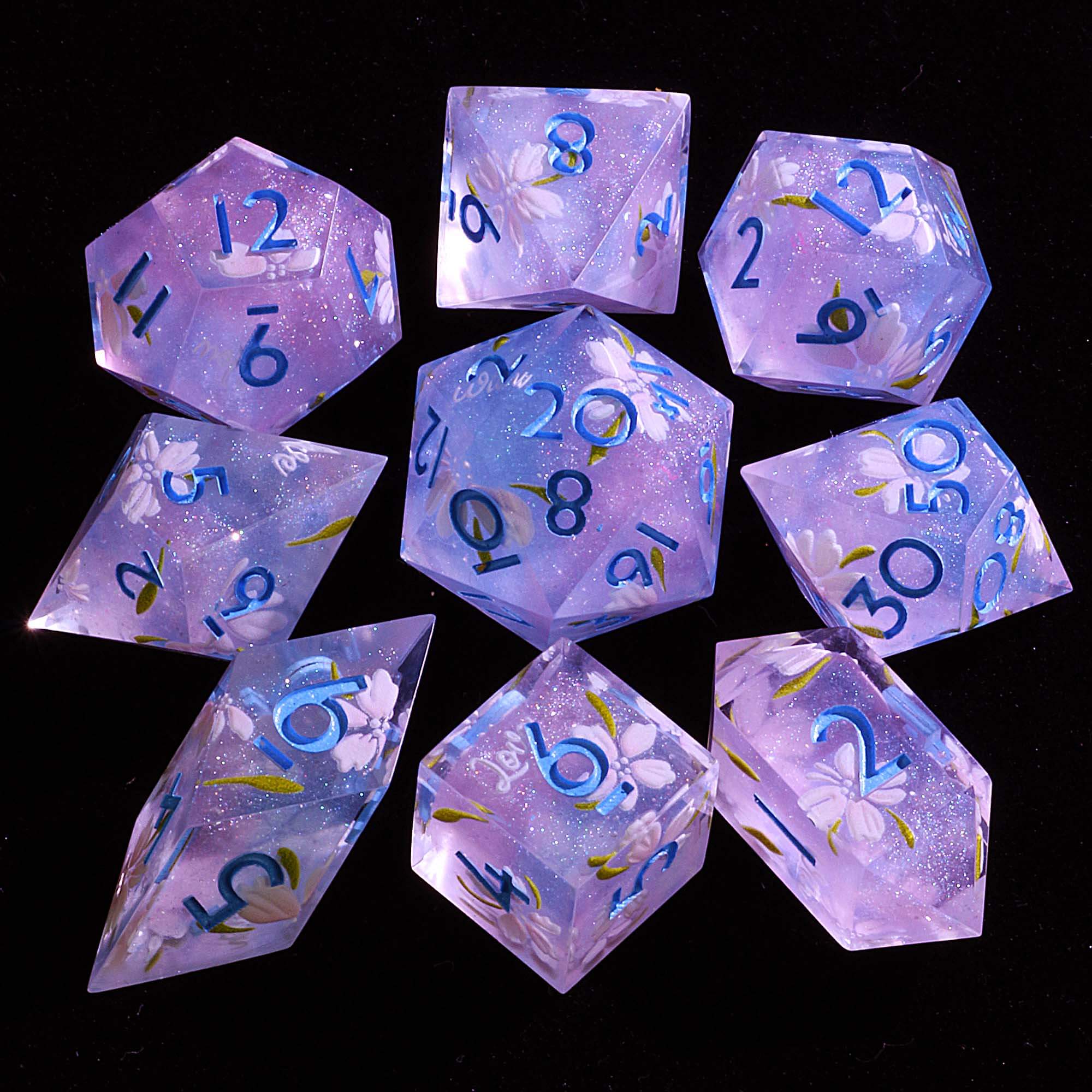 9 Polyhedral D and D set of Dice Spring Whisper Blossom - Dice of Dragons