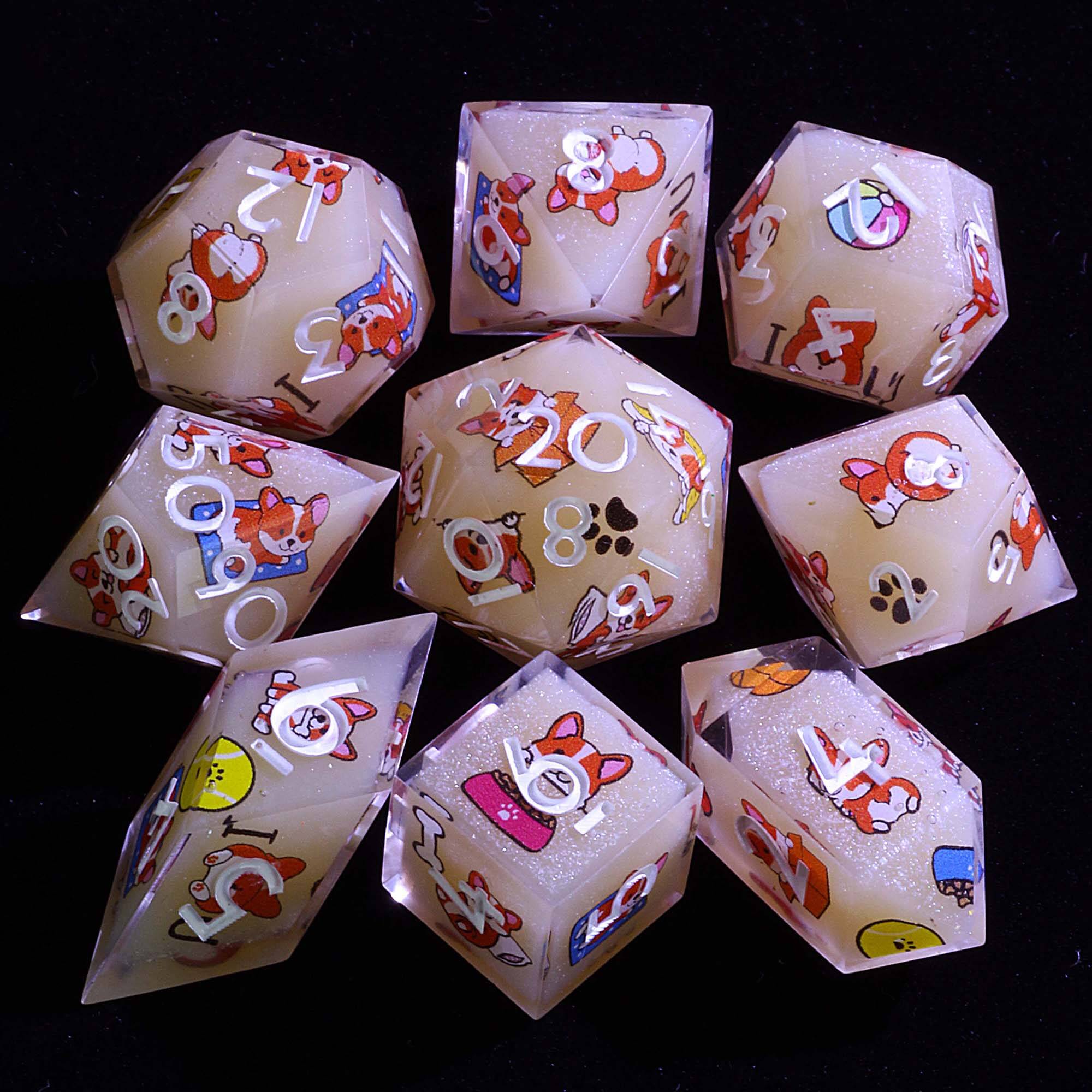 9 Polyhedral Dice Sets D and D Corgi Cream Tea - Dice of Dragons