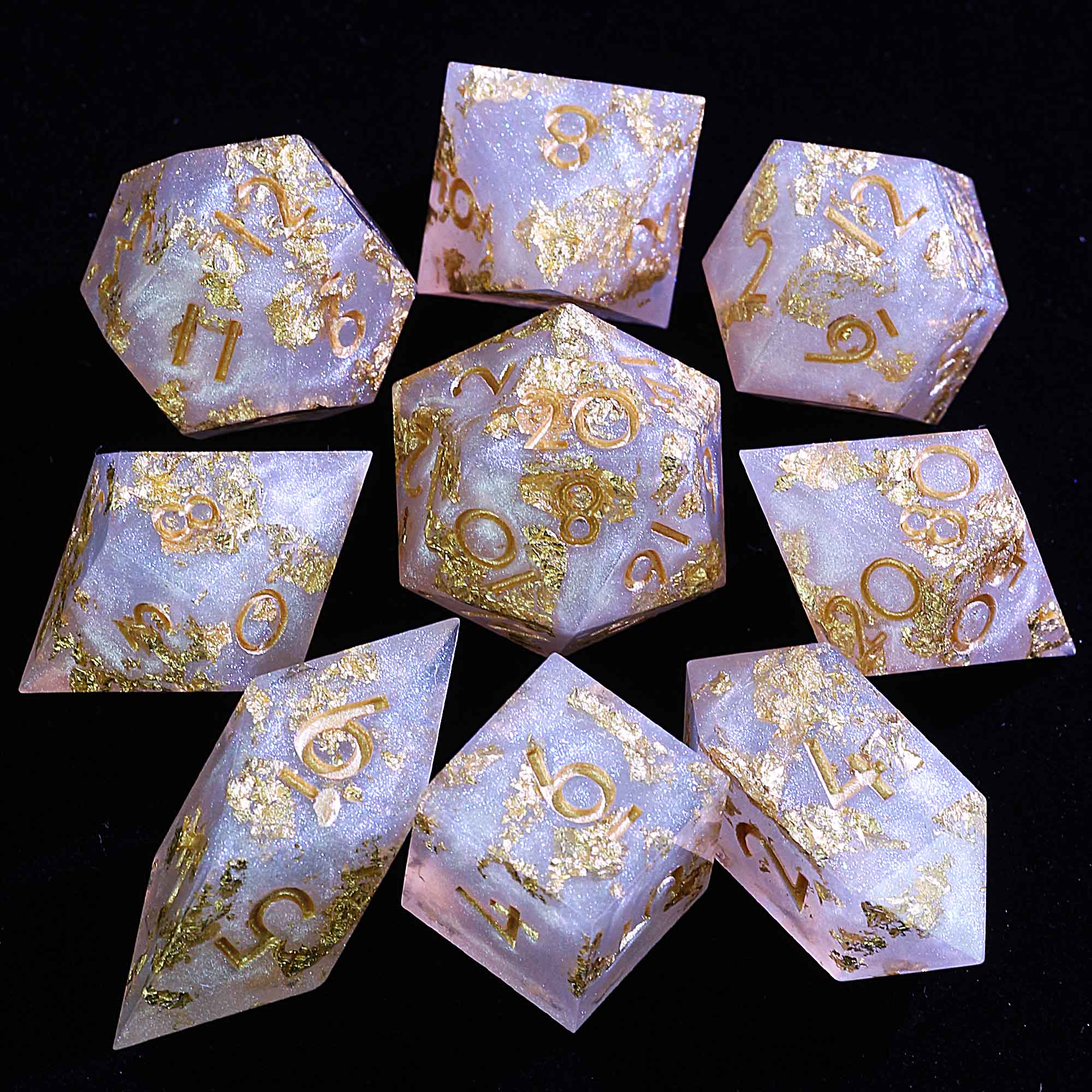 9 Polyhedral Resin D and D Set Dice Mica Silver Gleam - Dice of Dragons