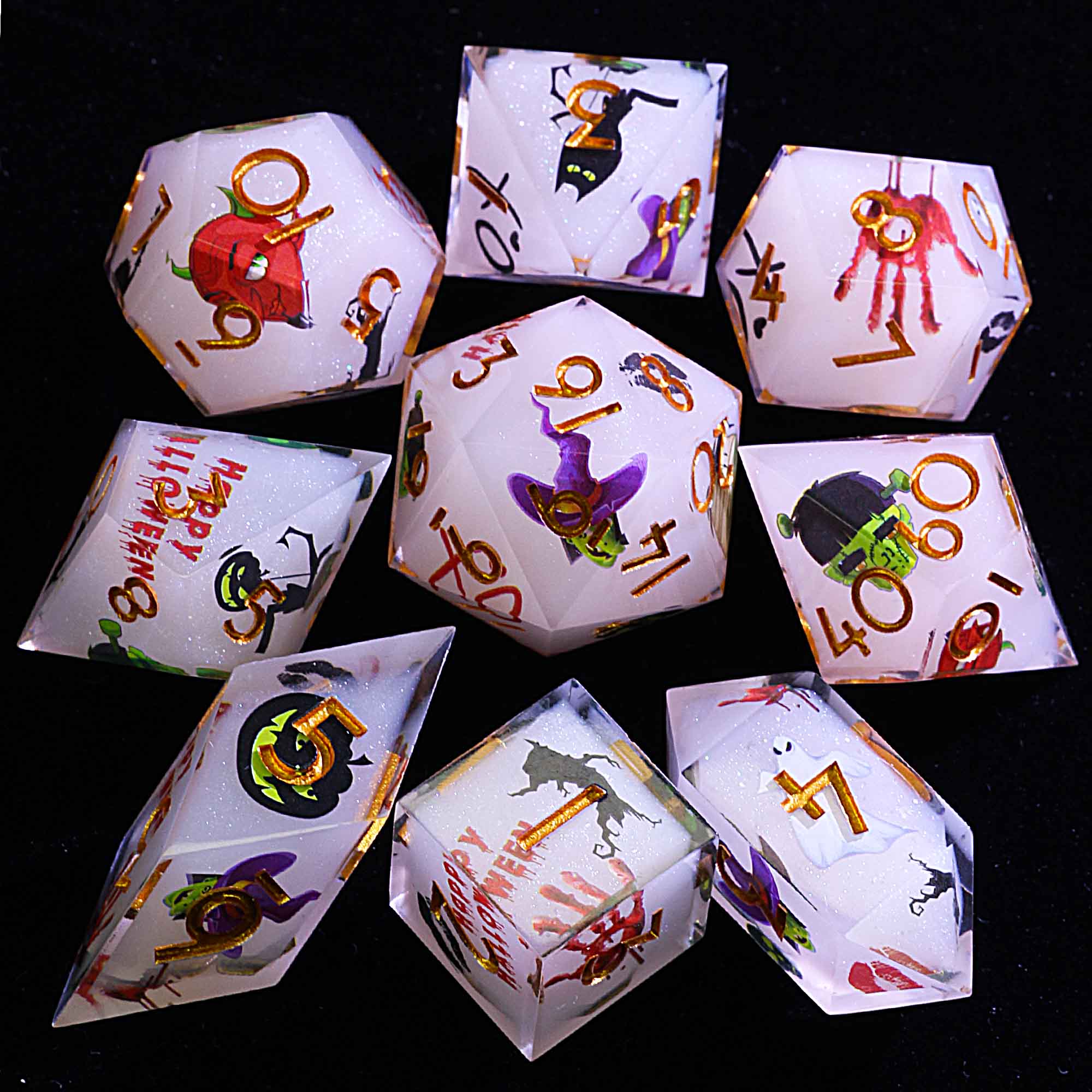 Halloween 9 Polyhedral Resin D and D Sets Dice Grinning Ghoul Candy - Dice of Dragons