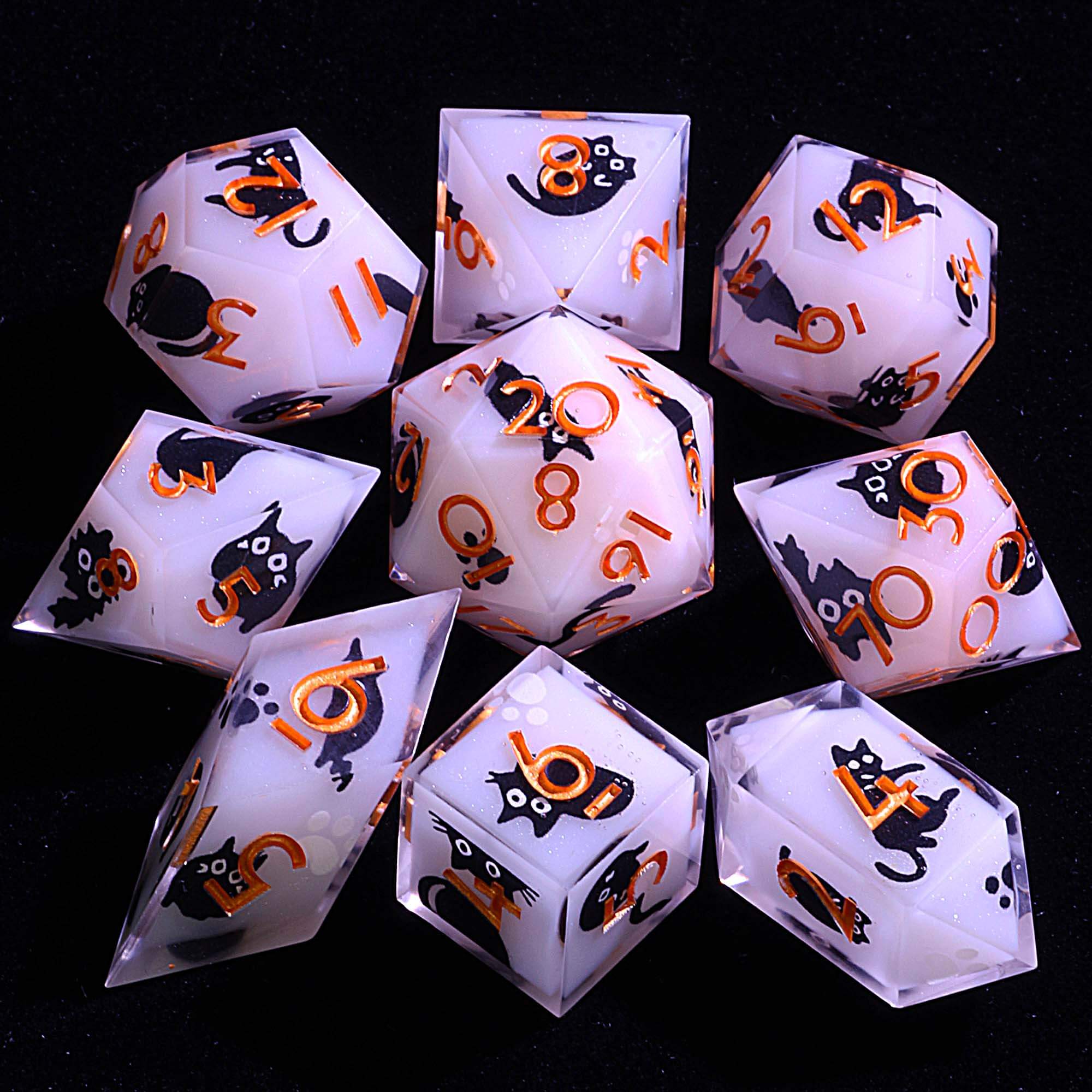 9 Polyhedral Resin D and D Sets Dice Midnight Kitten Edict - Dice of Dragons