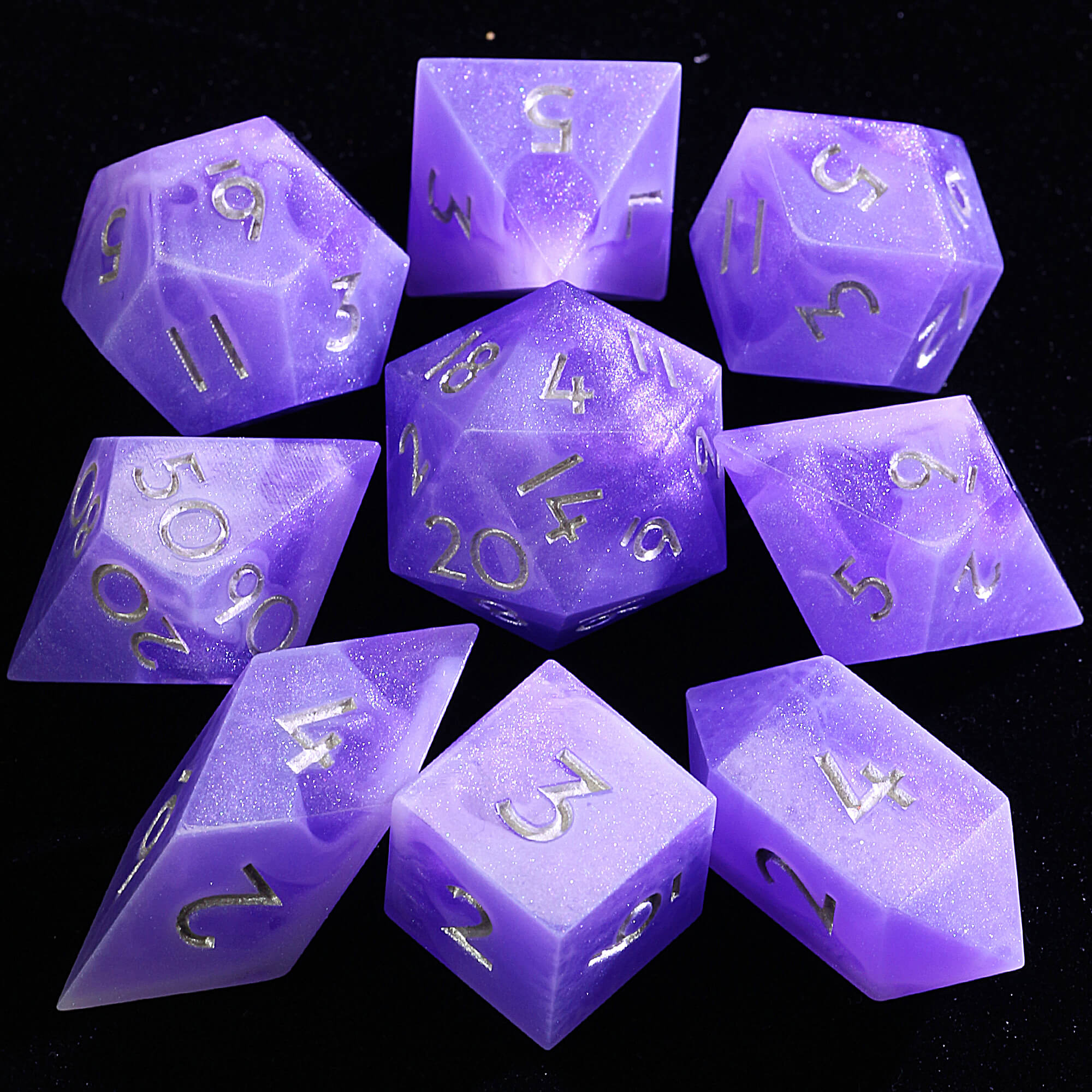 9 Polyhedral Resin D and D Sets of Dice Amethyst Miasma - Dice of Dragons
