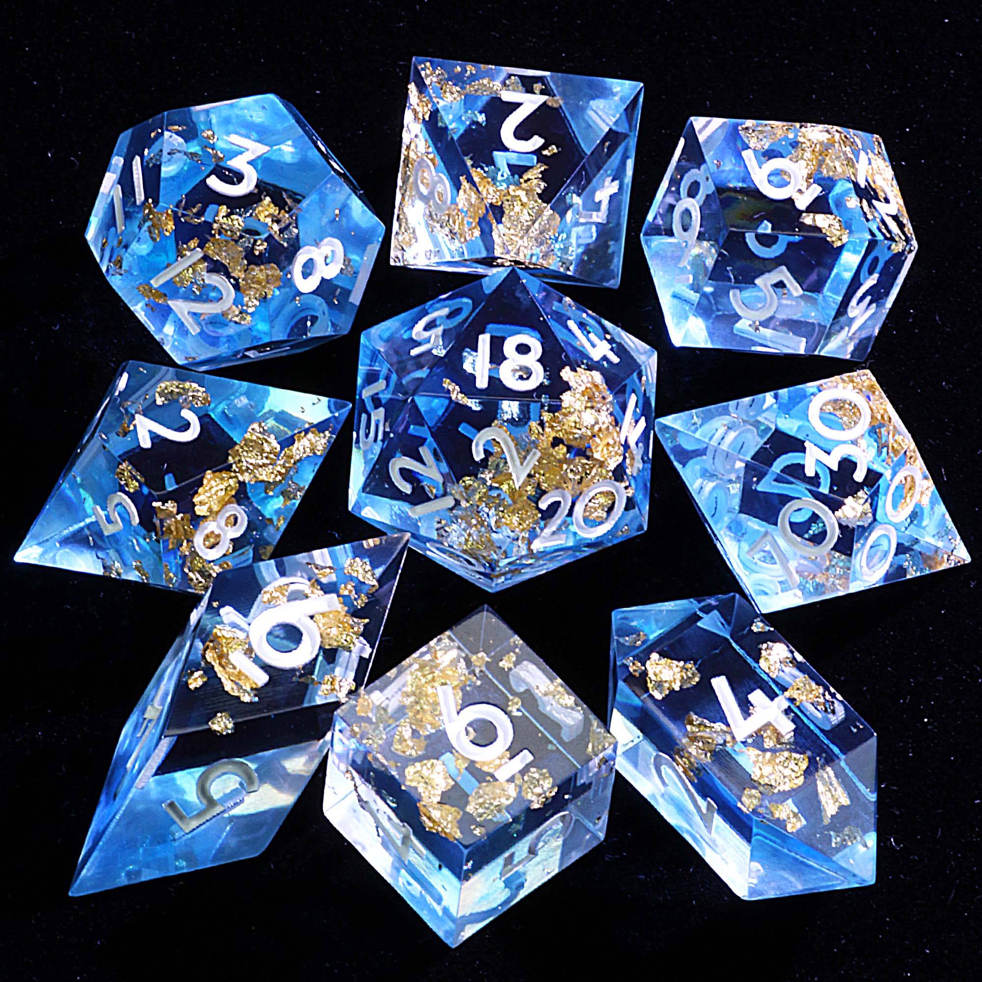 9 Polyhedral Resin D and D Sets of Dice Azure Gold Oath - Dice of Dragons