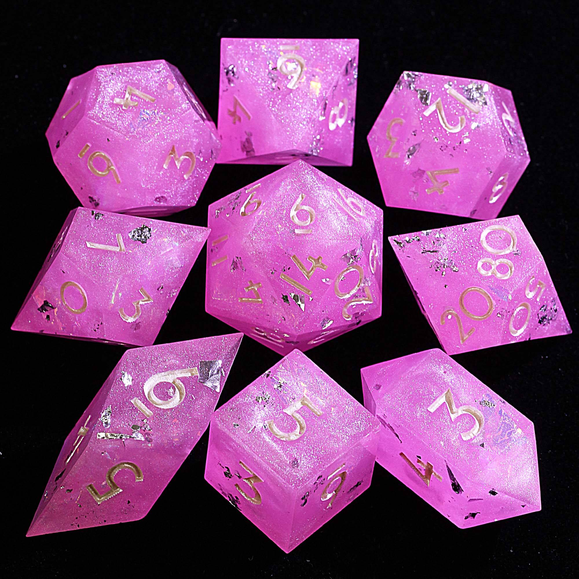 9 Polyhedral Resin DD Set of Dice Pink with Silver Foil - Dice of Dragons