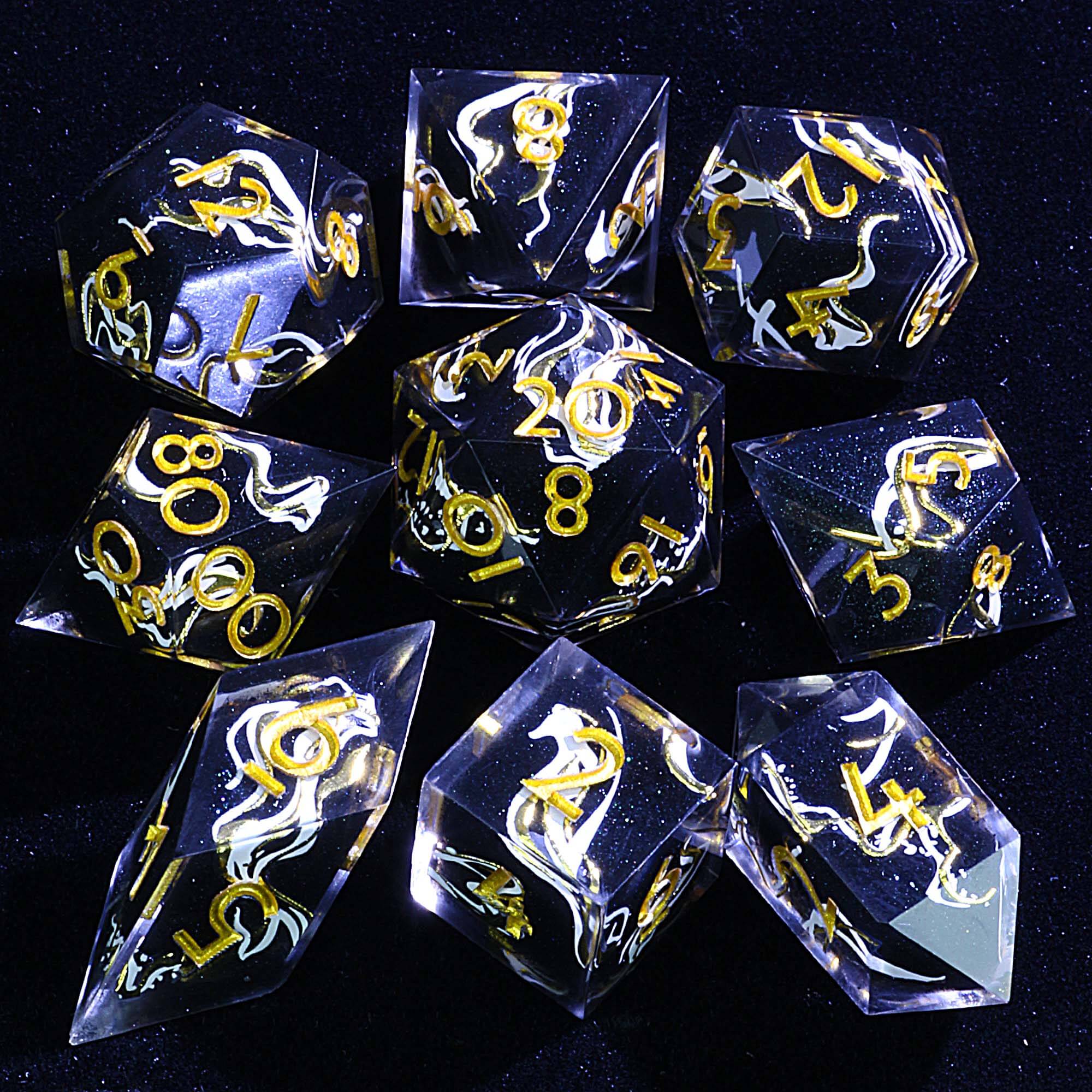 9 Polyhedral Resin DD Sets Dice Obsidian Ribbon Oath - Dice of Dragons